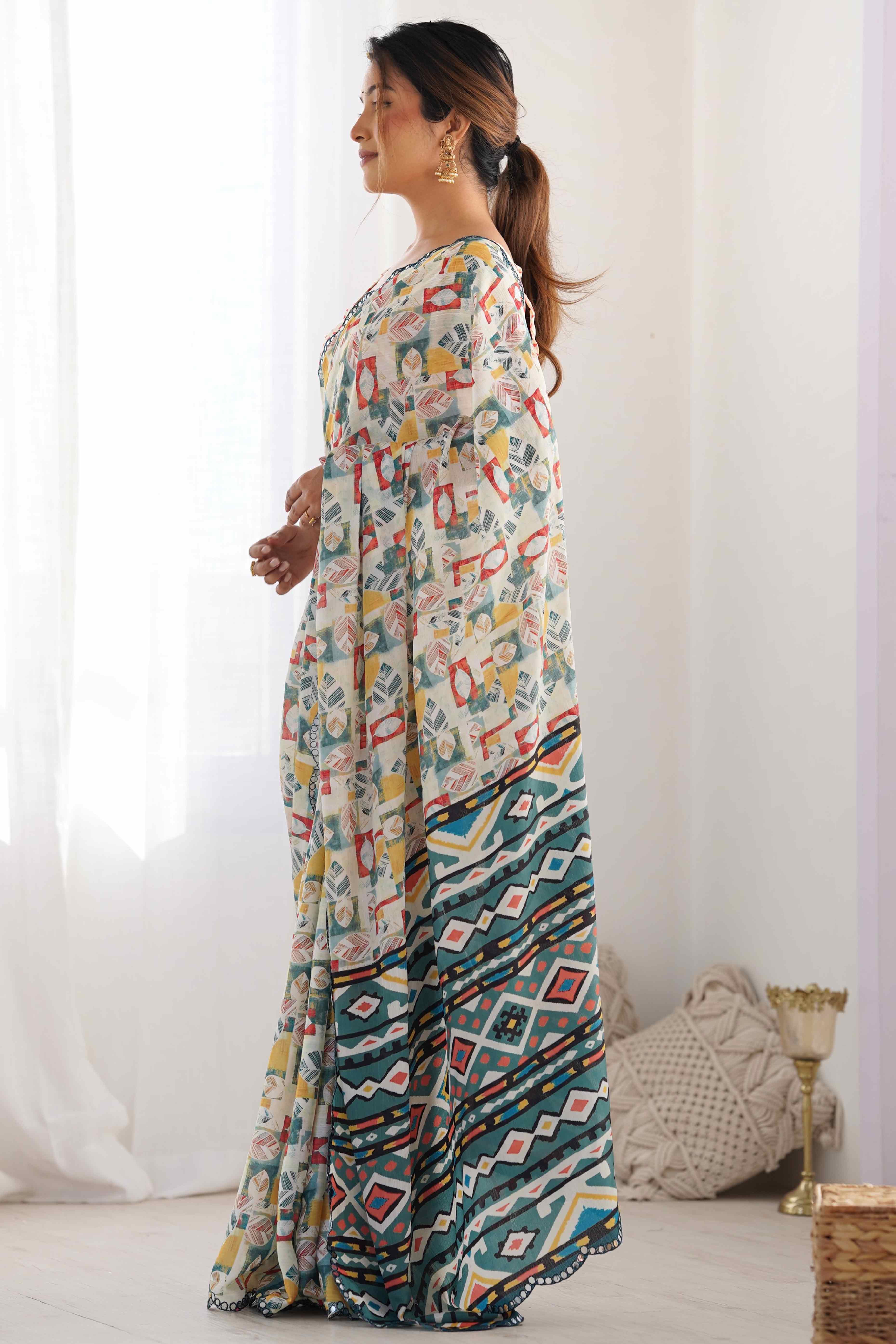Off White Abstract Printed Chinon Saree