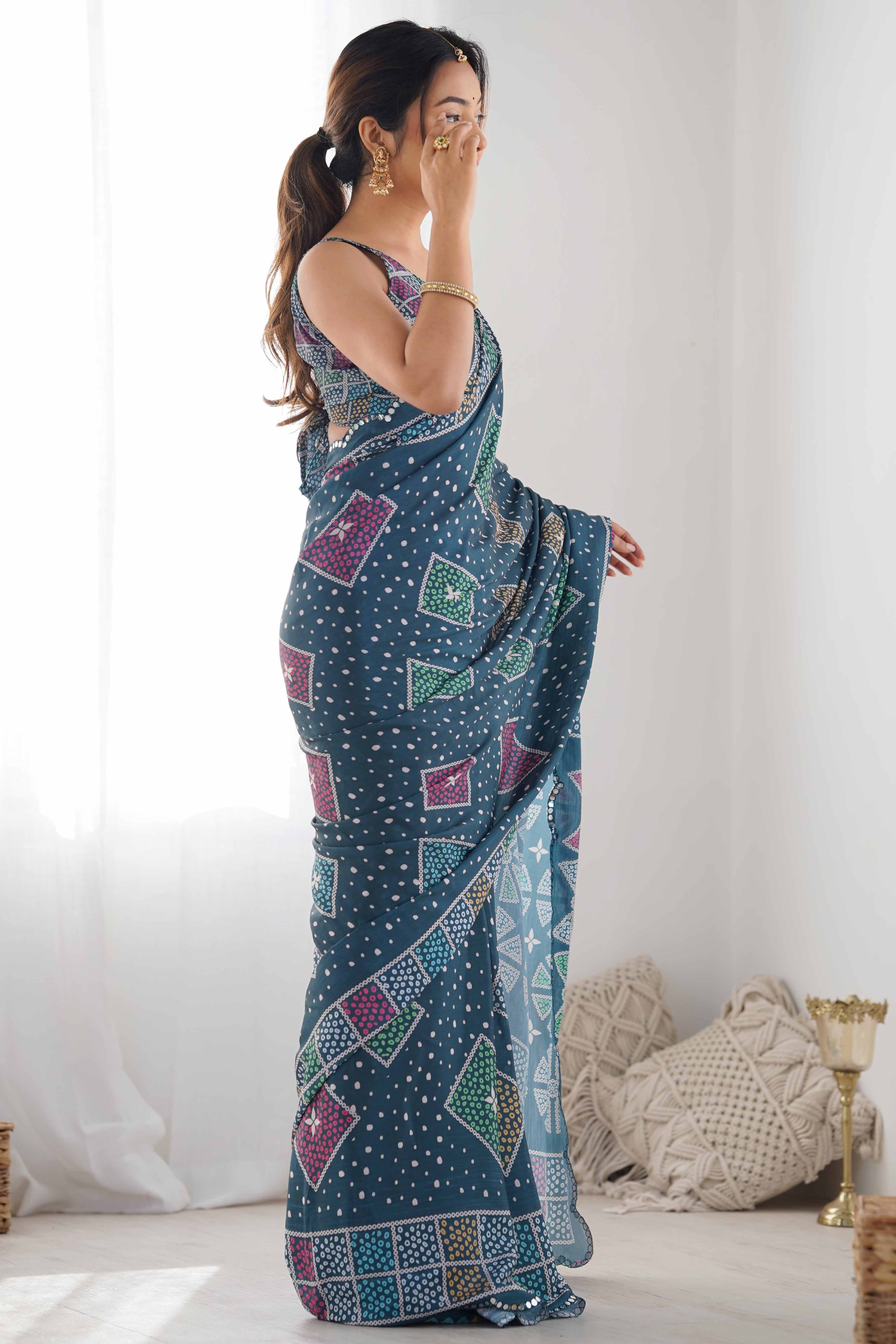 Teal Geometric Printed Chinon Saree