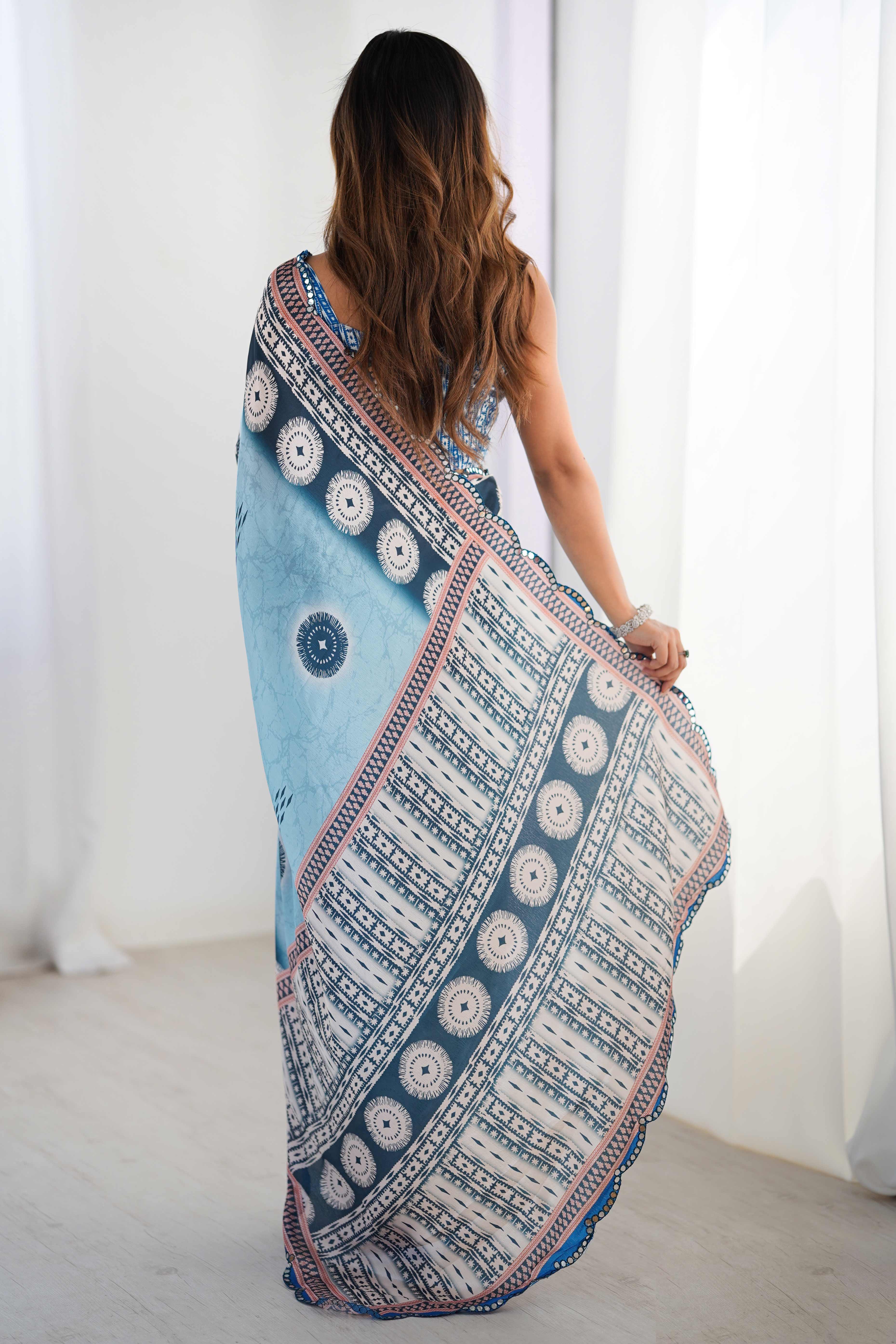 Sky Blue Floral Printed Chinon Saree with Shimmering Mirror Detailing