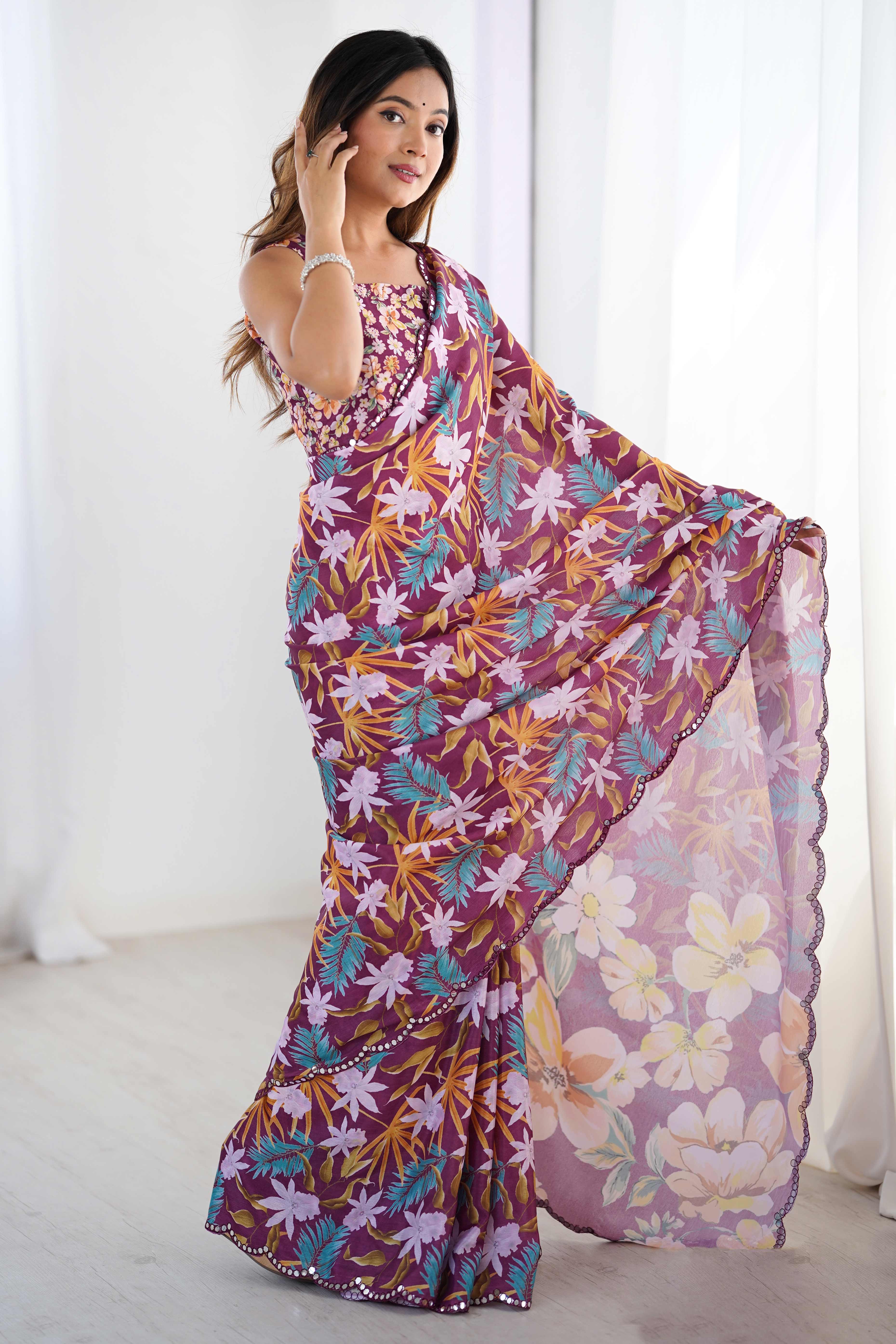 Purple Floral Printed Chinon Saree with Shimmering Mirror Detailing