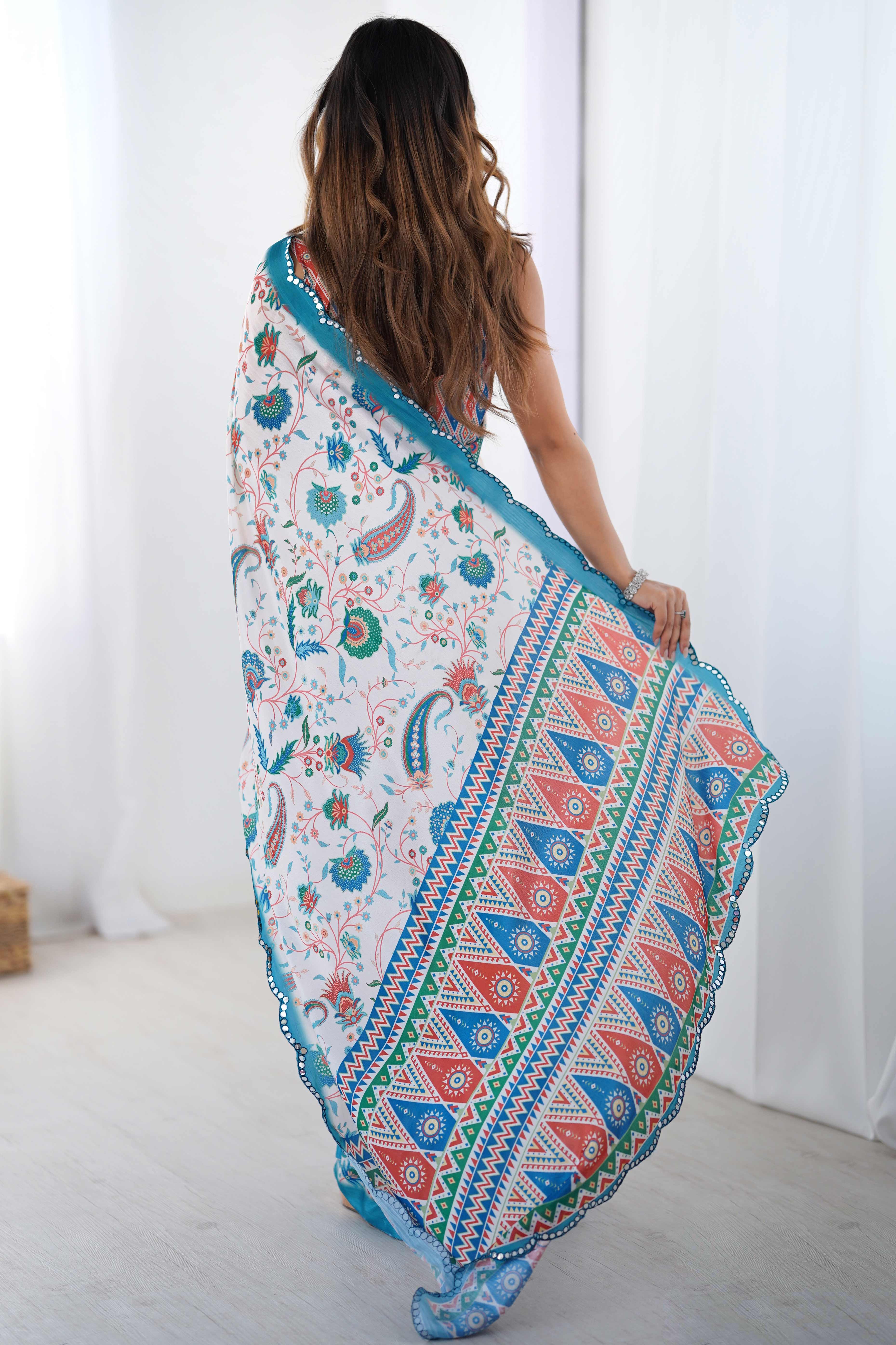 White Floral Printed Chinon Saree with Shimmering Mirror Detailing