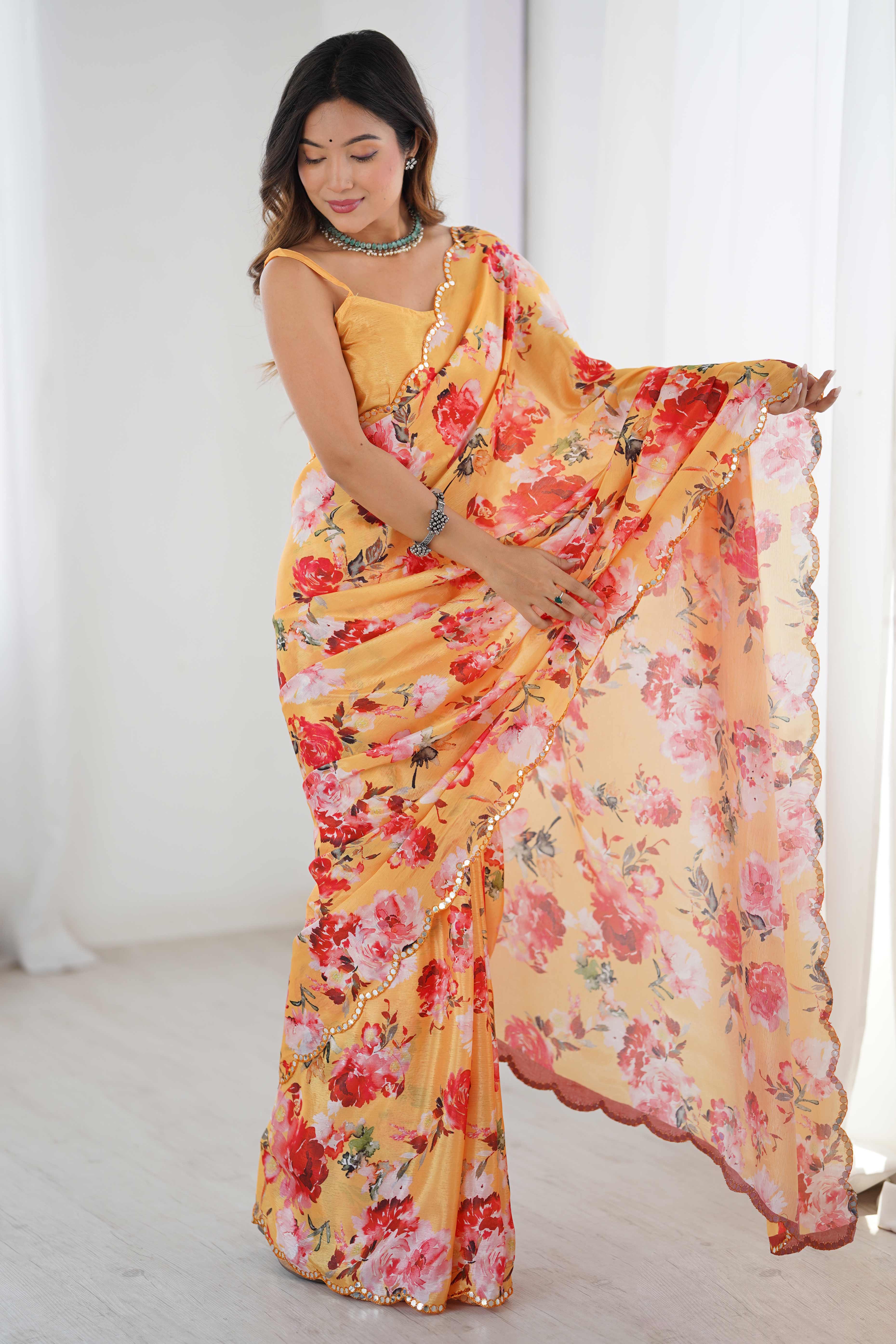Orange Floral Printed Chinon Saree with Shimmering Mirror Detailing