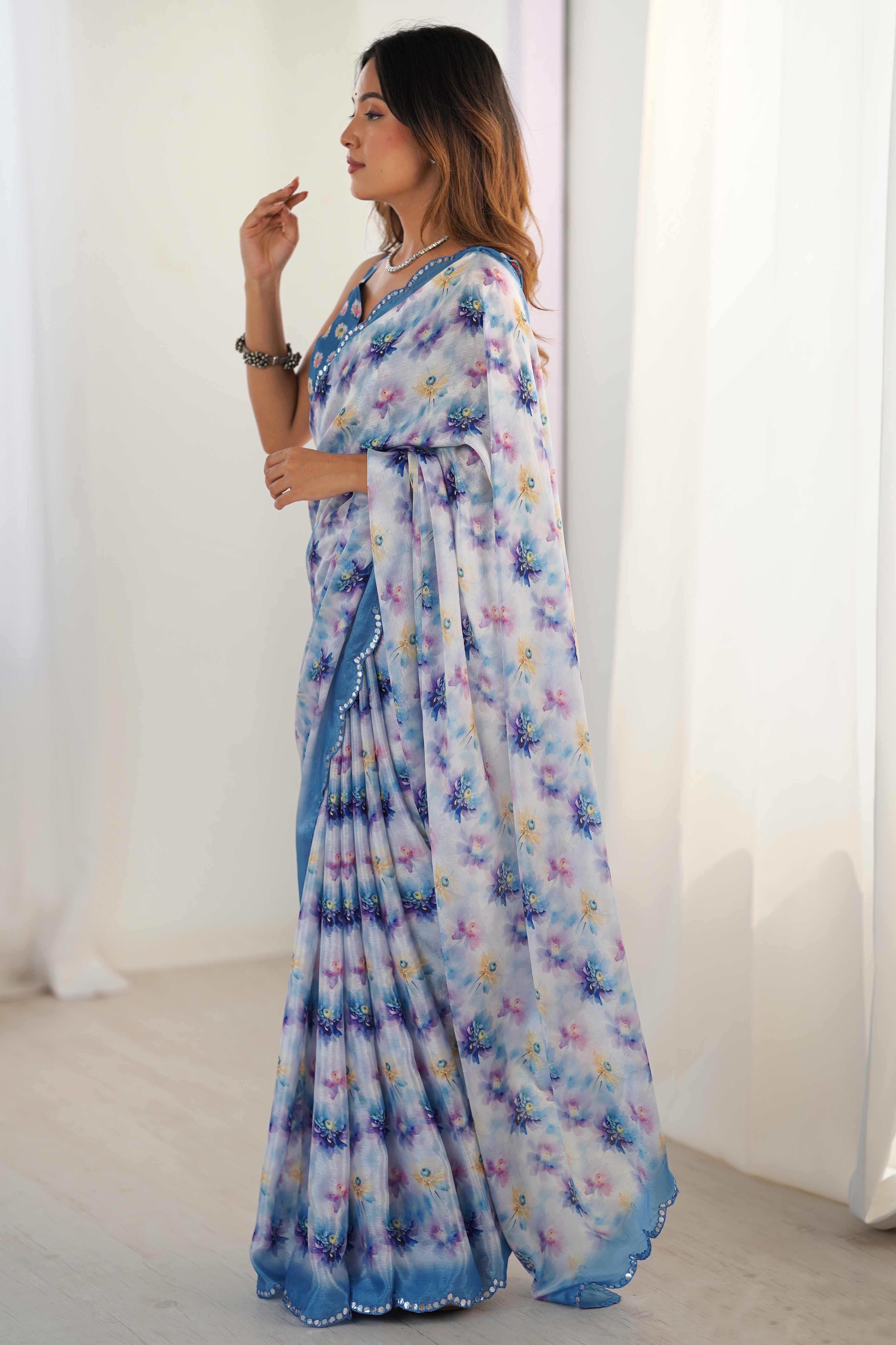 Sky Blue Floral Printed Chinon Saree with Shimmering Mirror Detailing