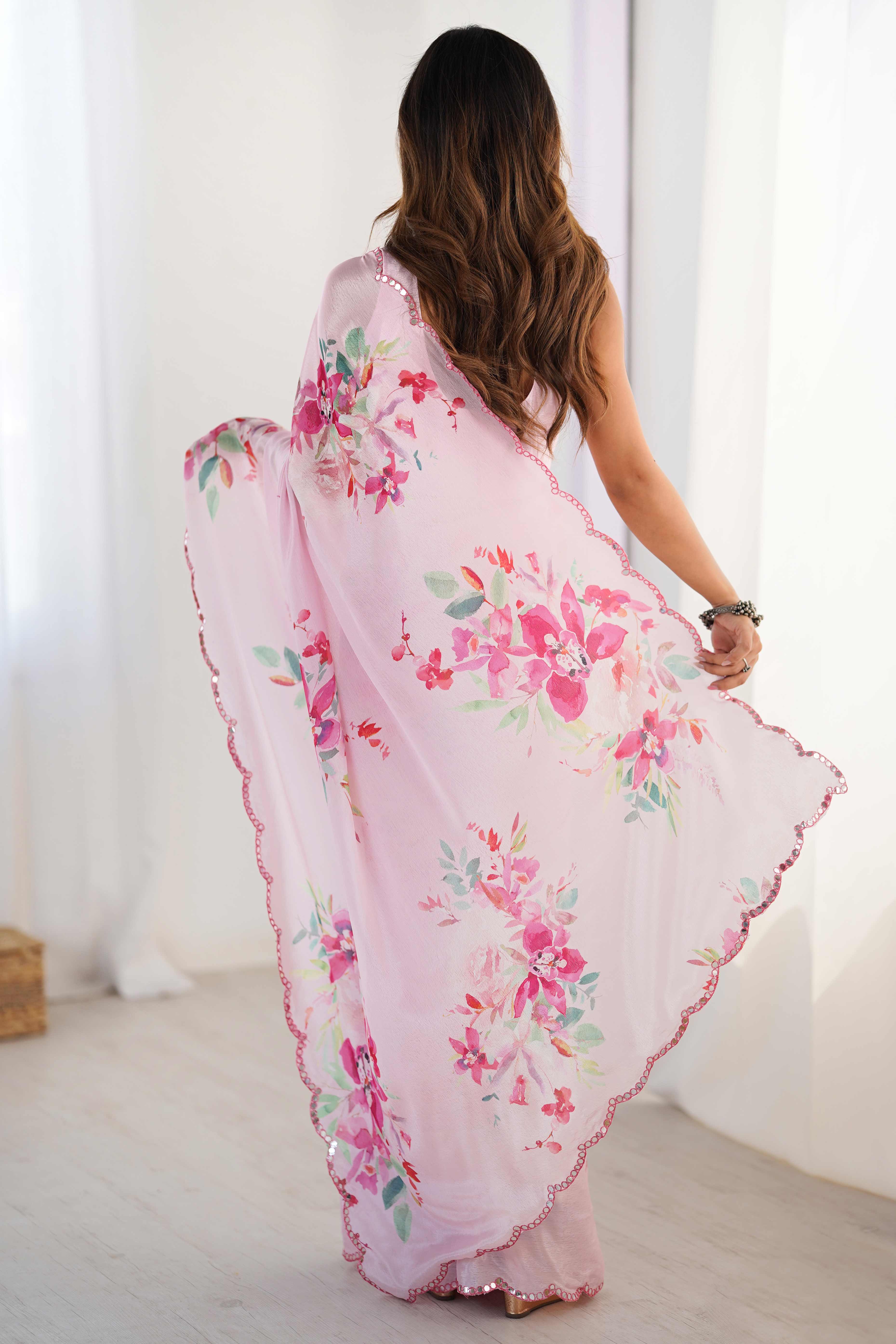 Pink Floral Printed Chinon Saree With Shimmering Mirror Detailing
