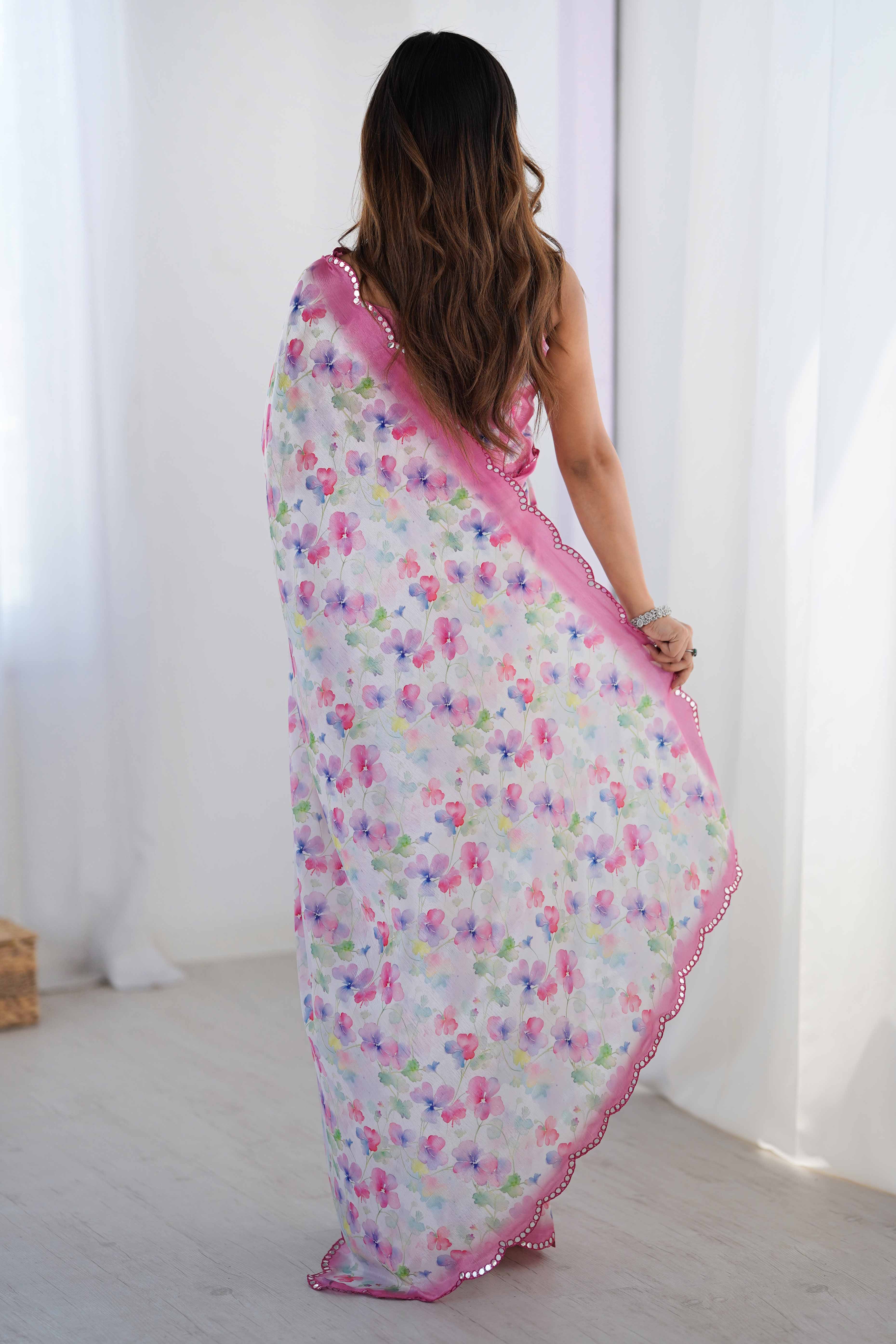 White Floral Printed Chinon Saree With Shimmering Mirror Detailing