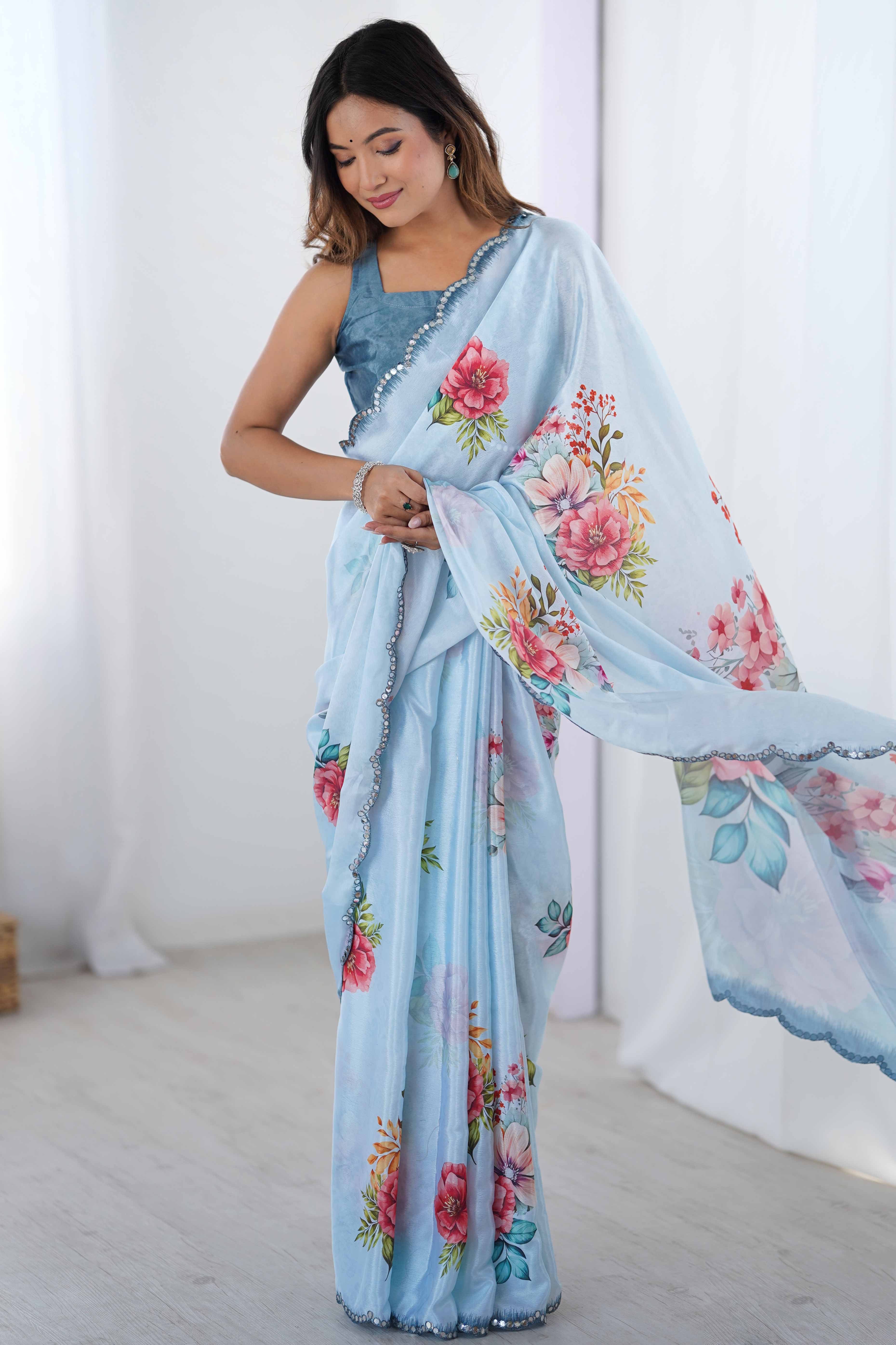 Sky Blue Chinon Saree with Glimmering Mirror Work and Floral Prints