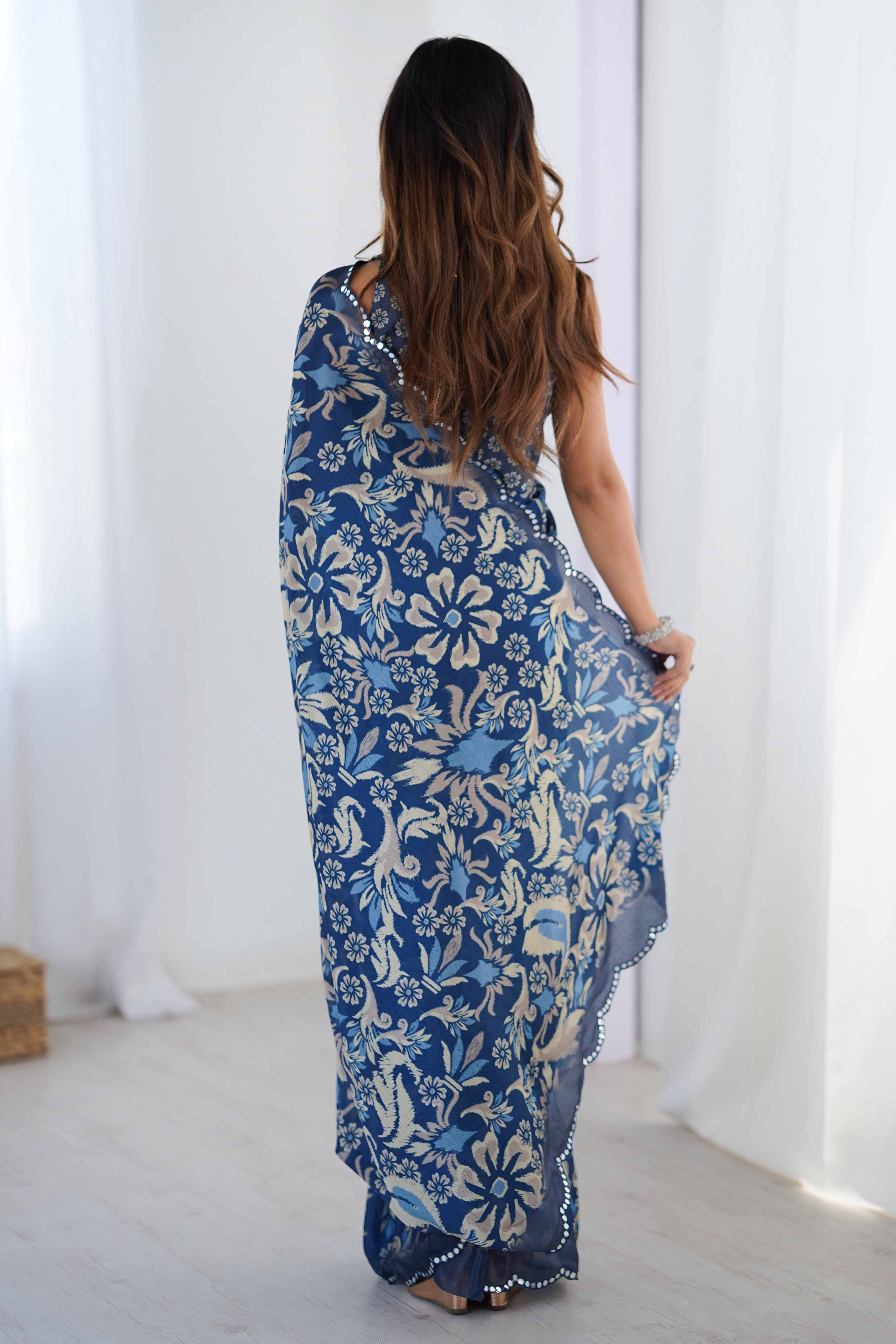 Blue Chinon Saree with Glimmering Mirror Work and Floral Prints
