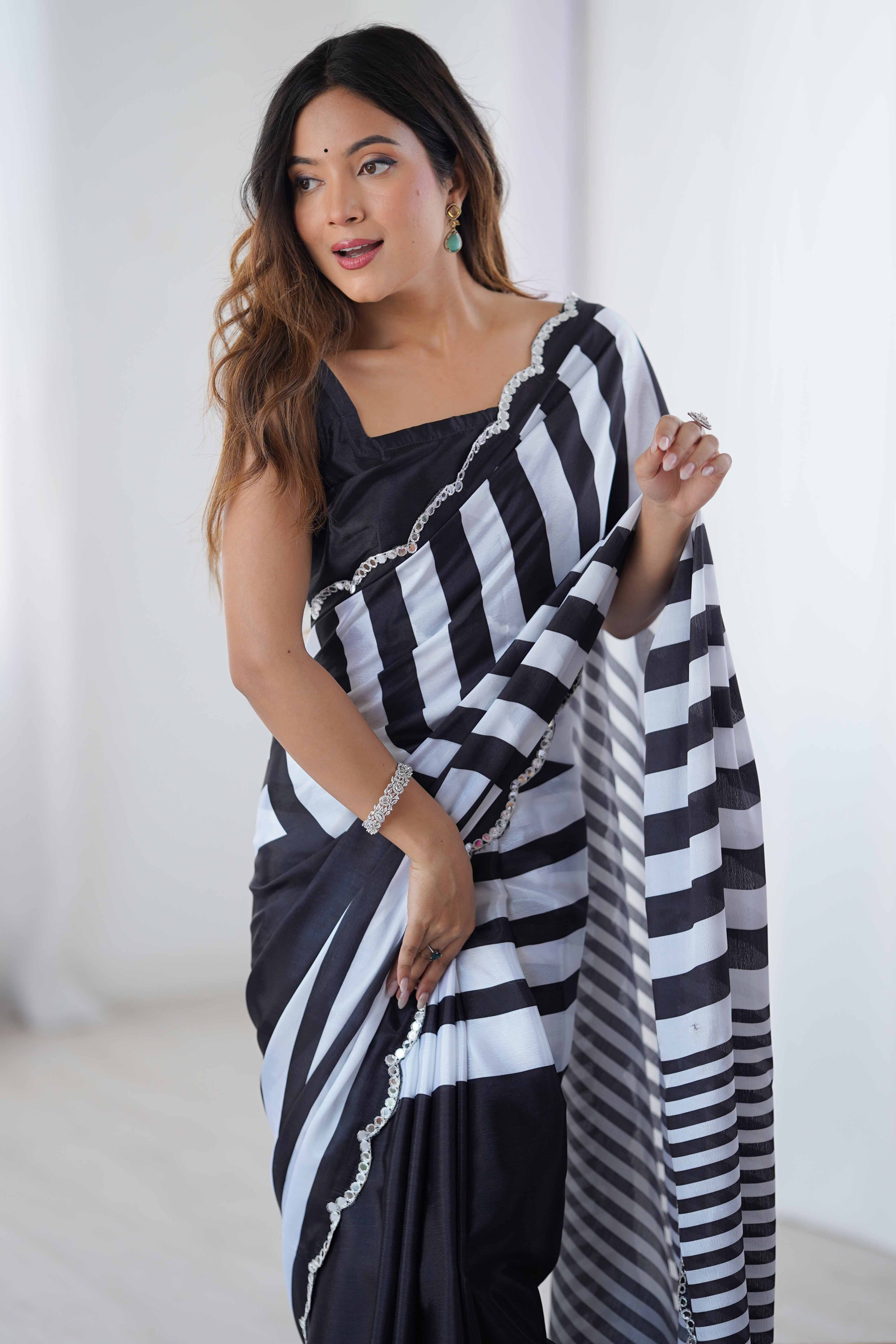 Black & White Chinon Saree with Glimmering Mirror Work and Floral Prints