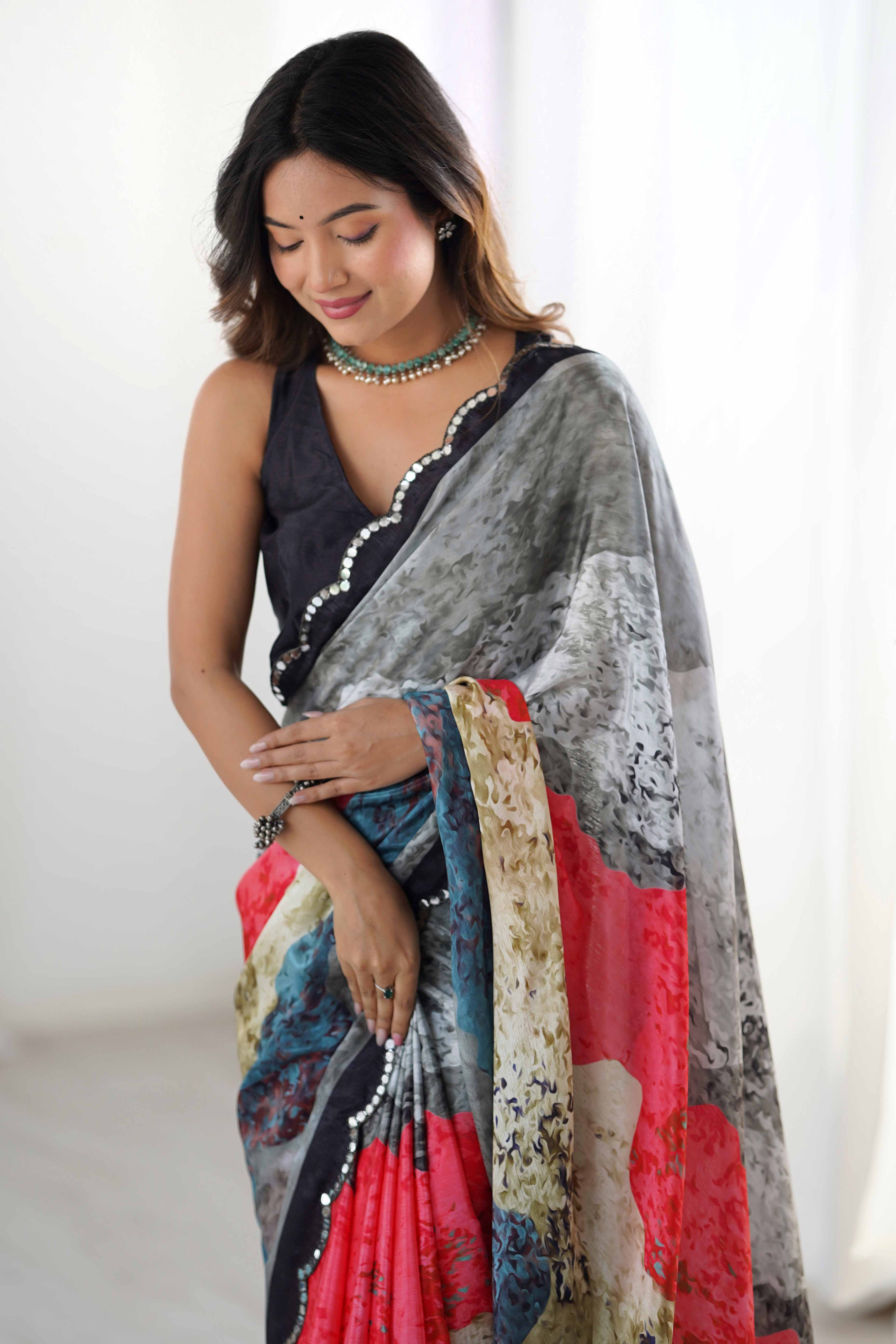 Grey Chinon Saree with Glimmering Kutchi Mirror Work and Print