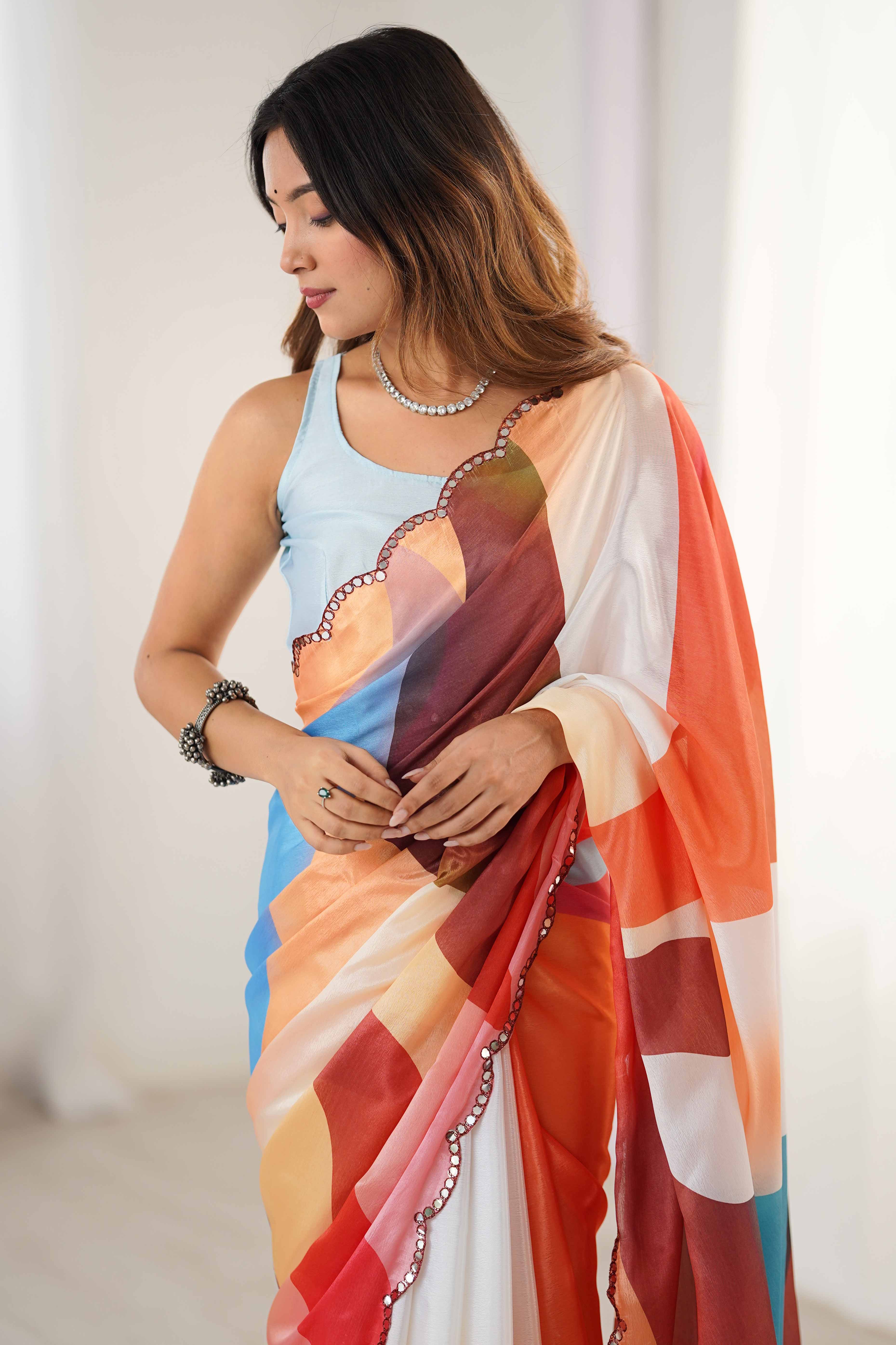Multicolor Chinon Saree with Glimmering Kutchi Mirror Work and Print