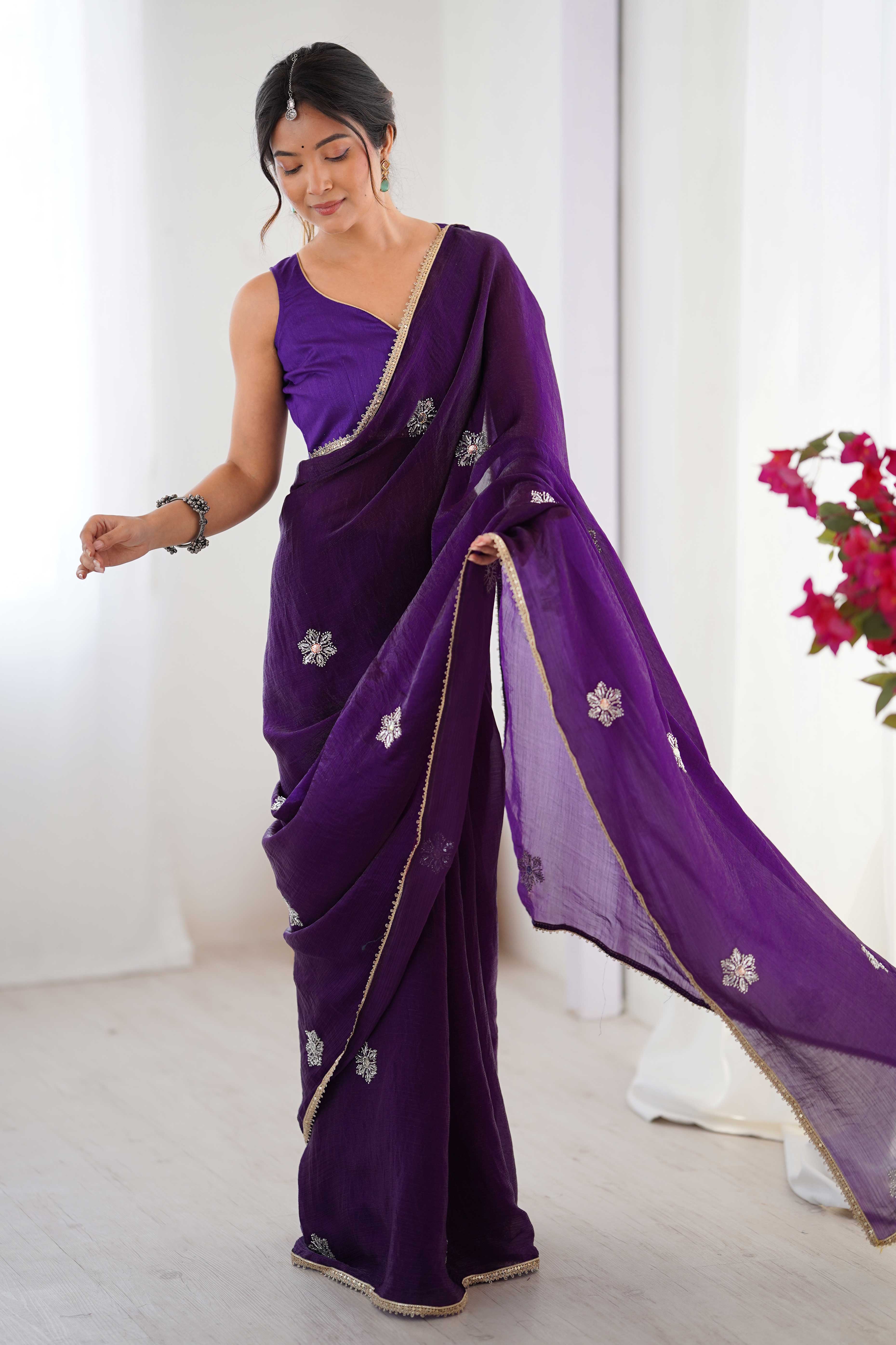 Deep Purple Organza Saree Embellished with Intricate Floral Work and Elegant Lace Detailing