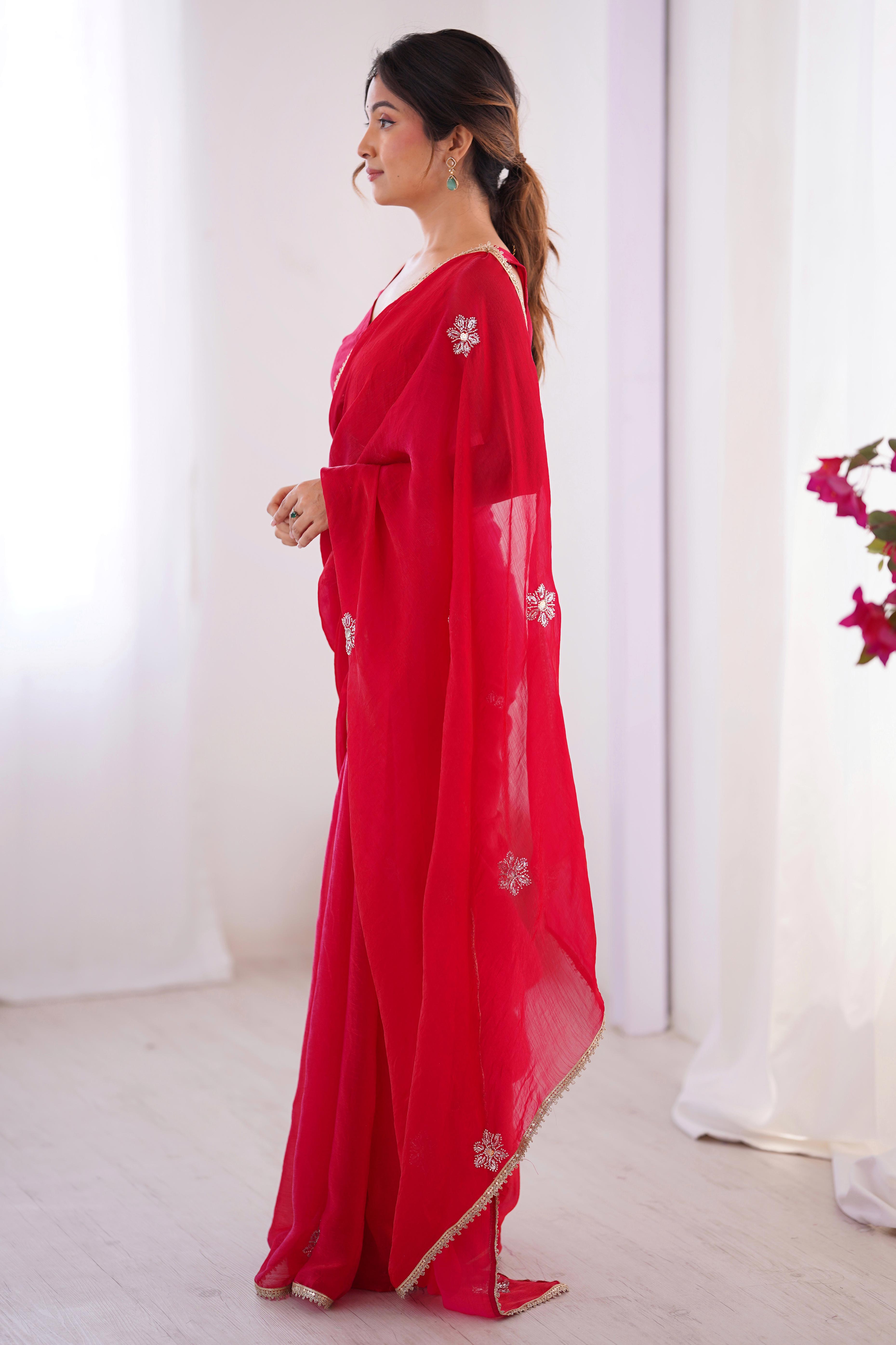 Red Organza Saree Embellished with Intricate Floral Work and Elegant Lace Detailing