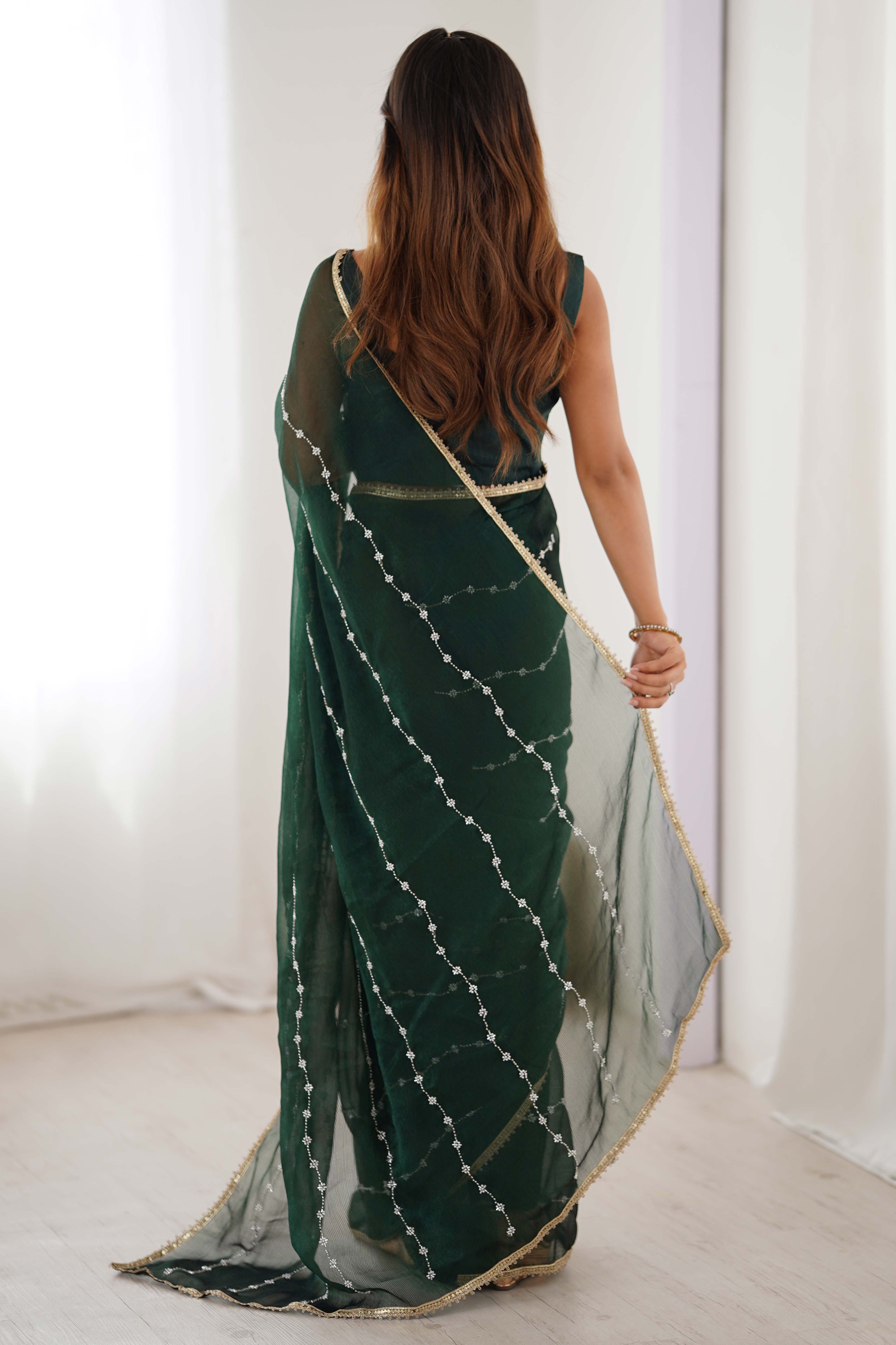 Green Embellished Organza Saree With Delicate Linear Beads & Stones detailing