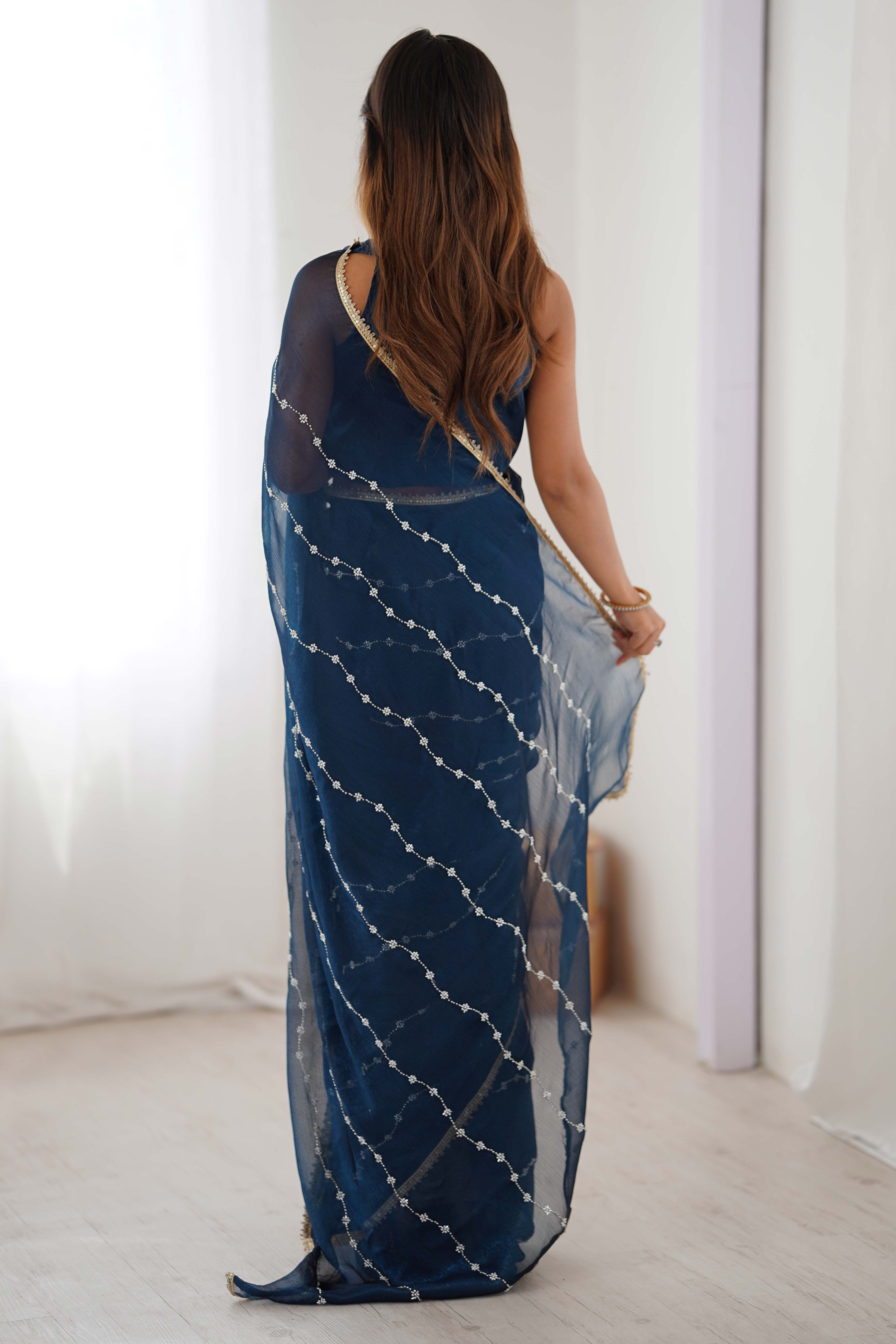 Blue Embellished Organza Saree With Delicate Linear Beads & Stones detailing