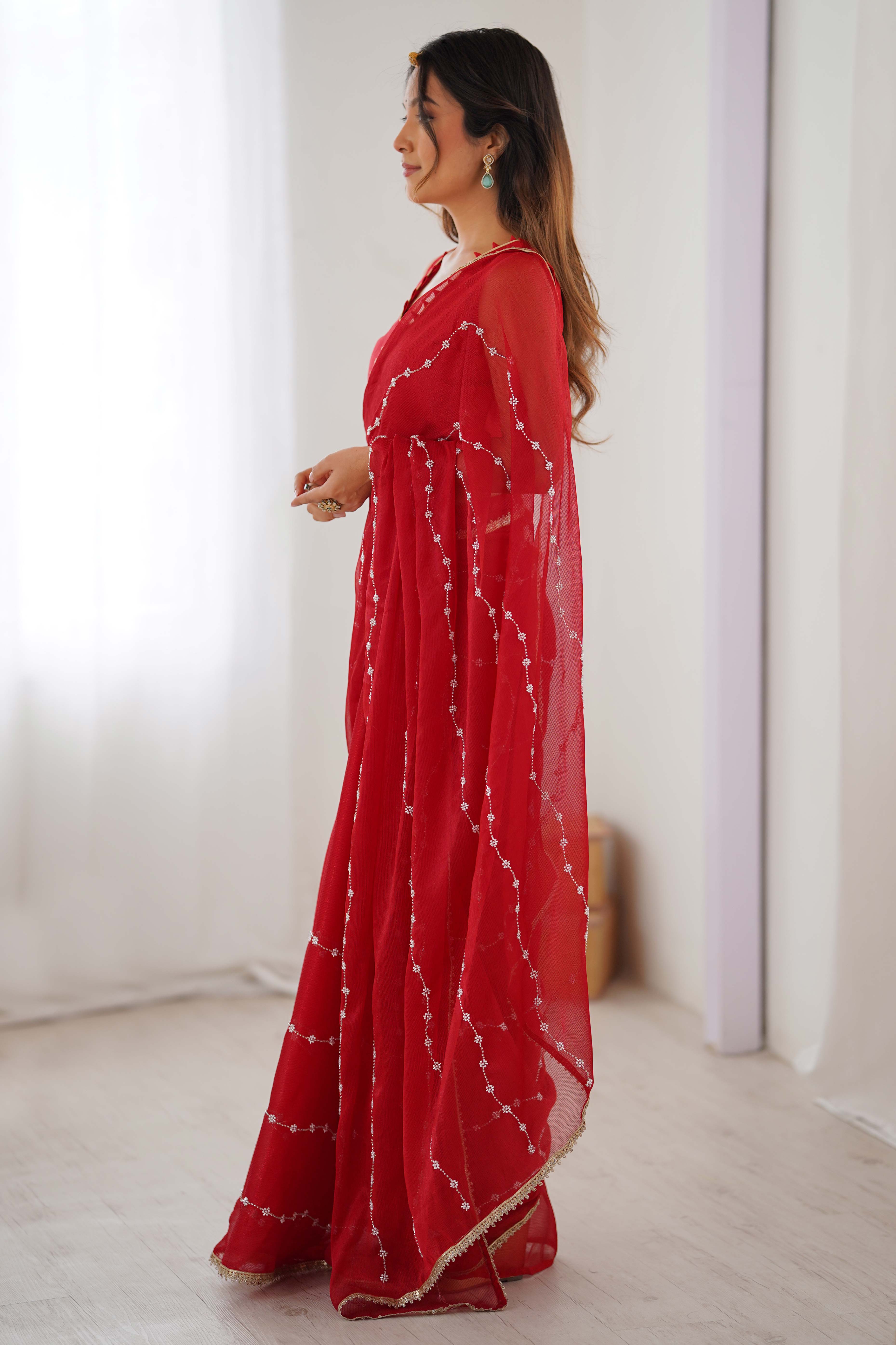 Red Embellished Organza Saree With Delicate Linear Beads & Stones detailing
