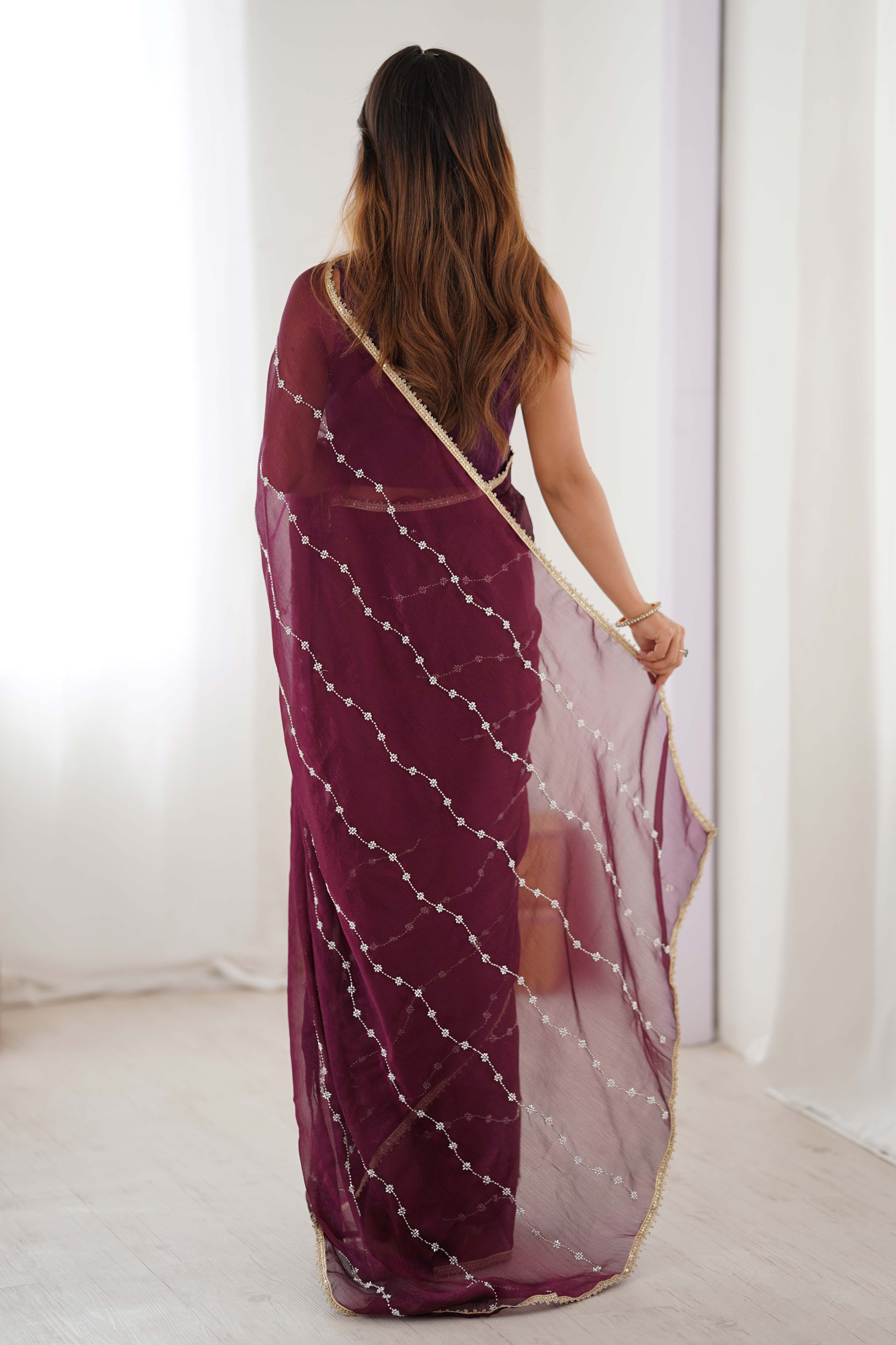 Wine Embellished Organza Saree With Delicate Linear Beads & Stones detailing