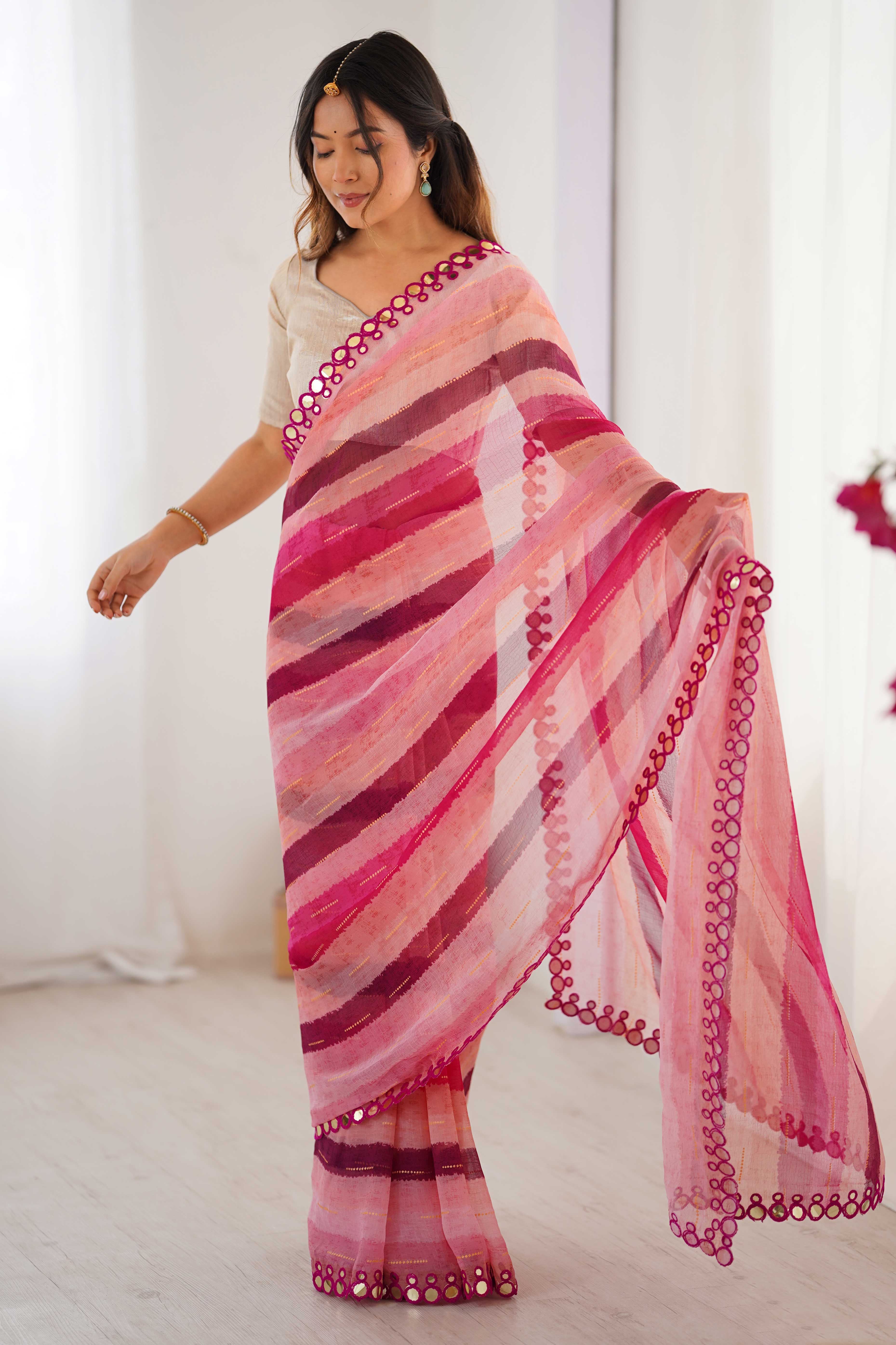 Soft Chiffon Pink Saree Featuring Classic Leheriya and Mirror Work Edges