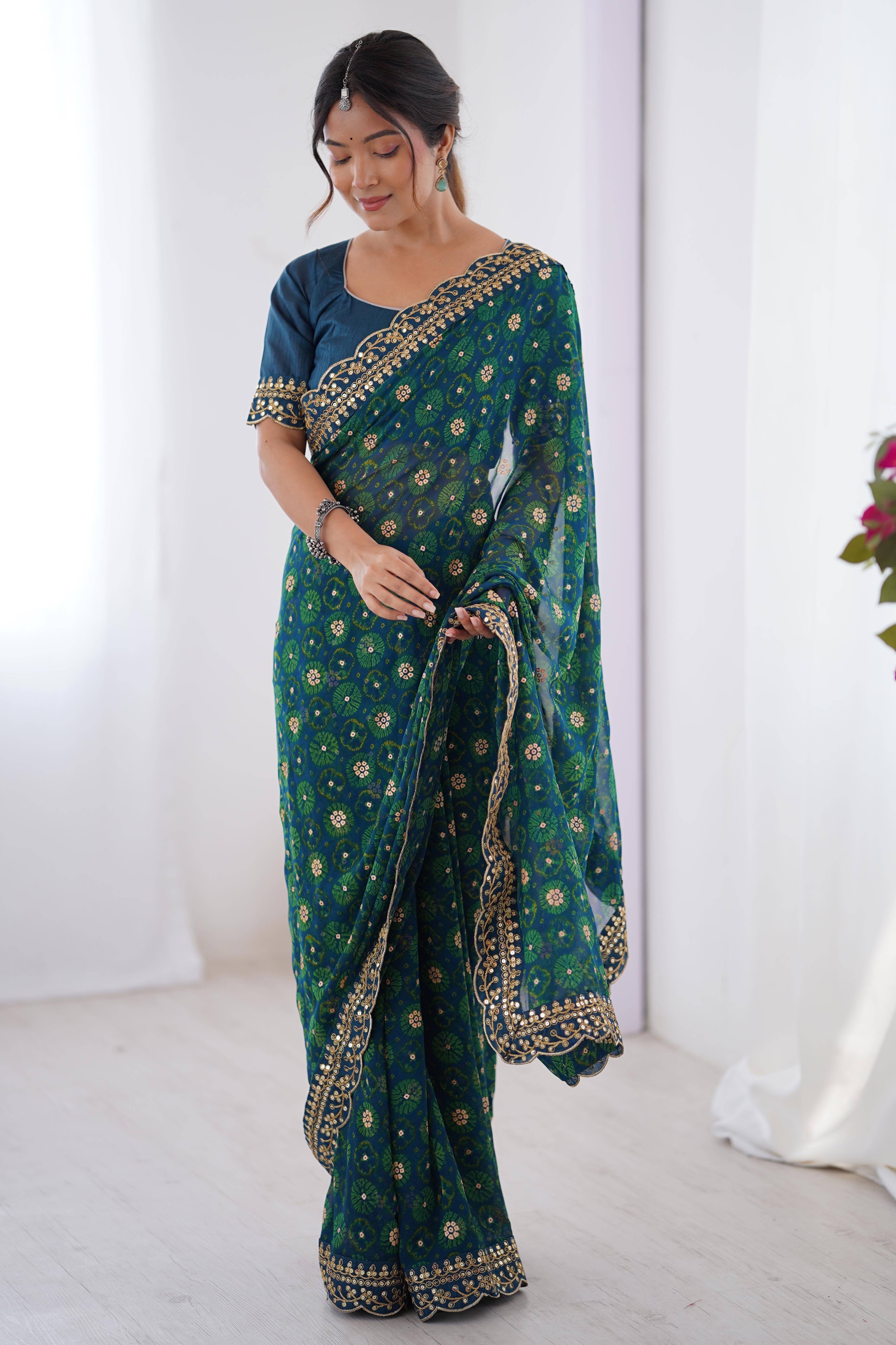Soft Georgette Blue Saree with Playful Print and Delicate Sequin Lace Work