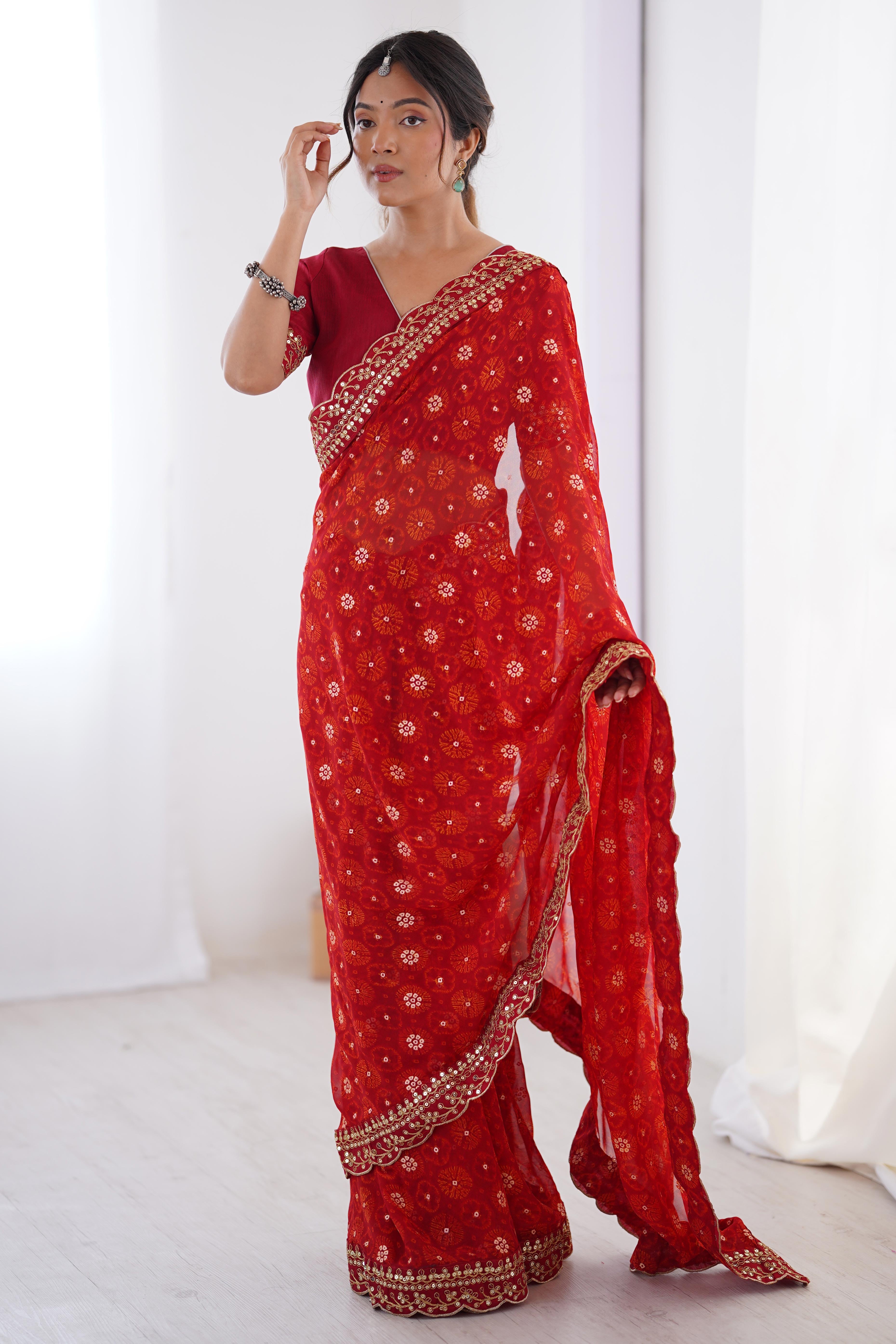 Soft Georgette Red Saree with Playful Print and Delicate Sequin Lace Work