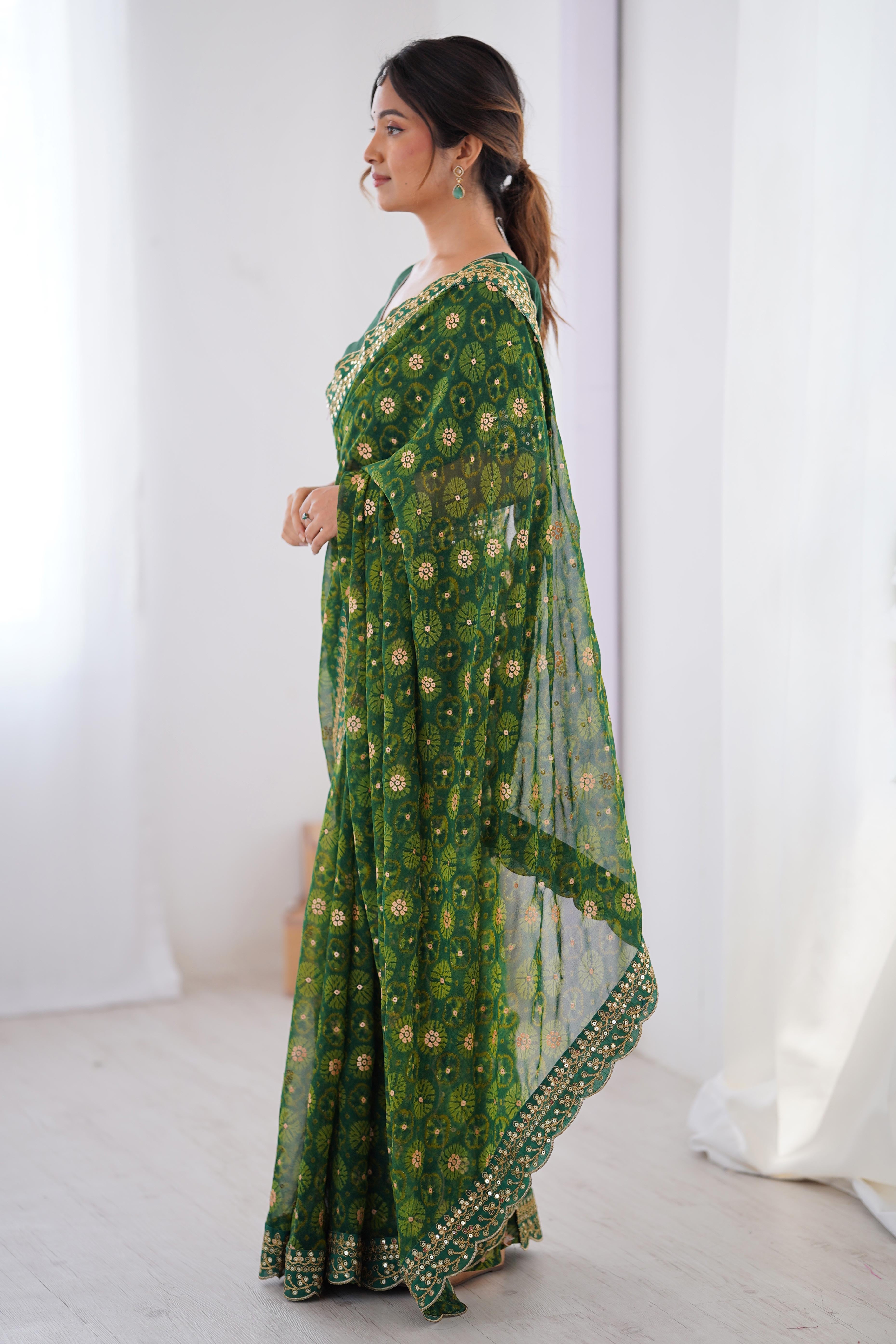 Soft Georgette Green Saree with Playful Print and Delicate Sequin Lace Work