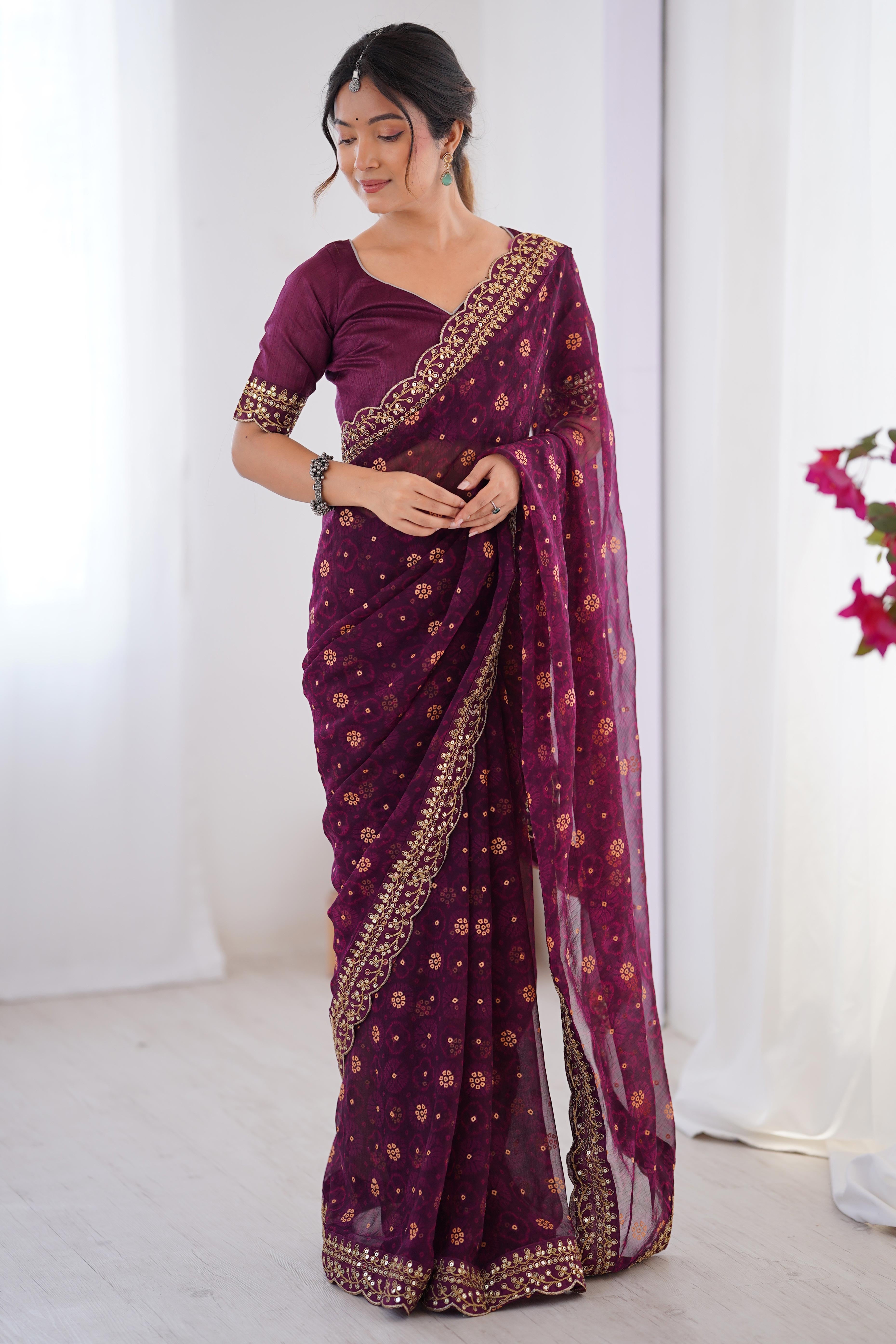 Soft Georgette Wine Saree with Playful Print and Delicate Sequin Lace Work