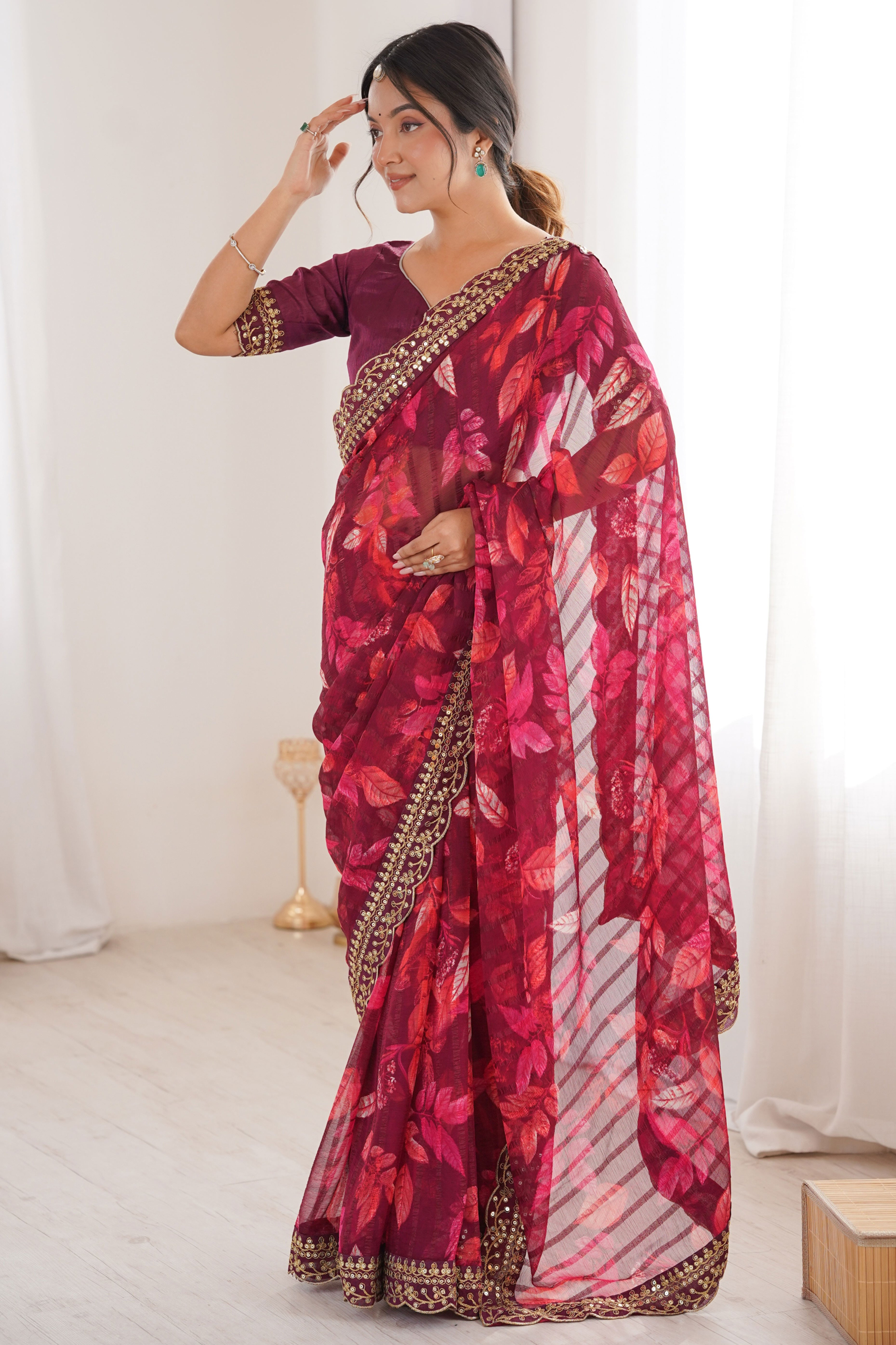 Elegant Wine Leaf & Floral Print Georgette Saree With Intricate Cording Sequins Embroidery Border