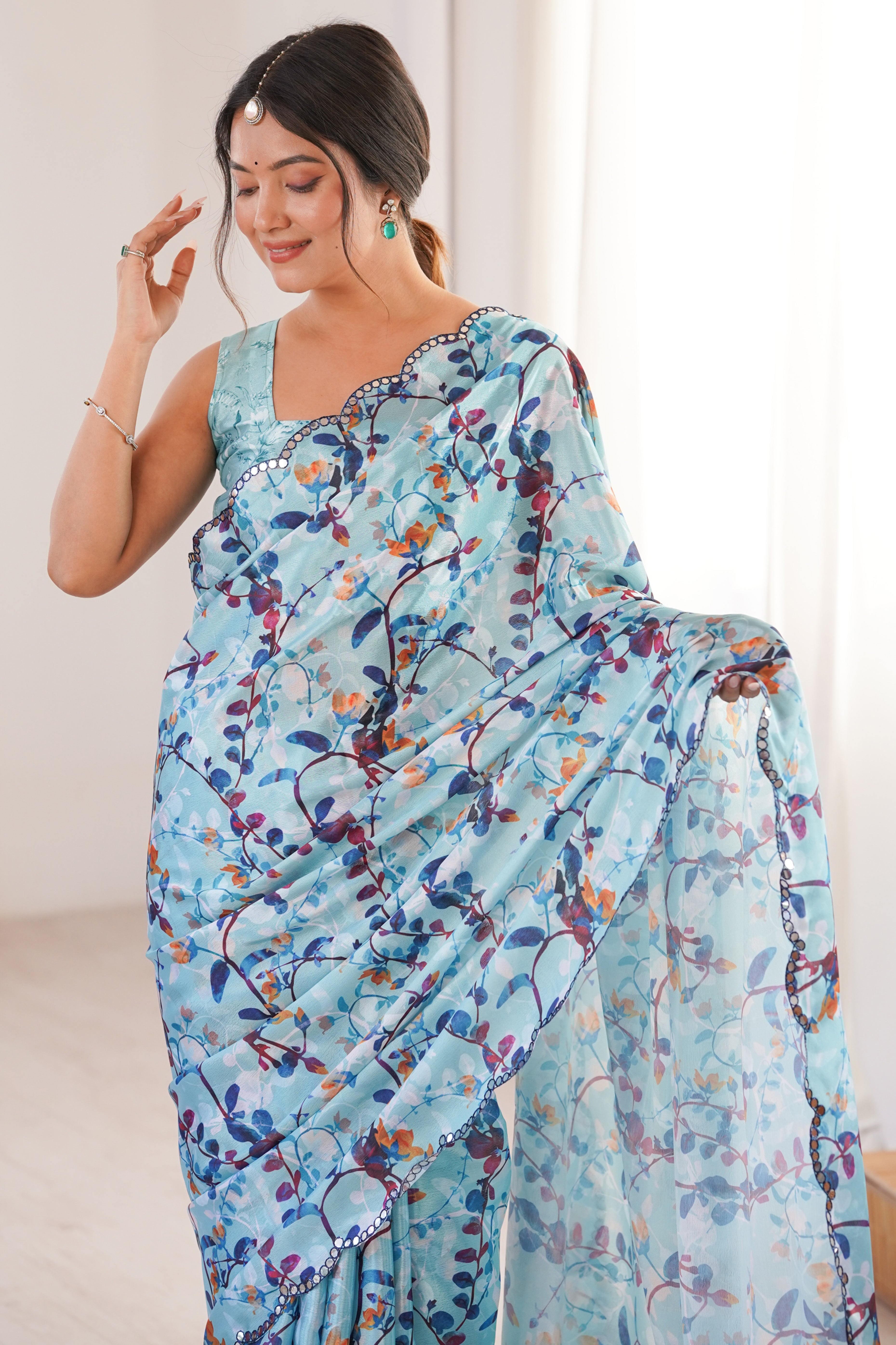 Soft Sky Blue Floral Digital Printed Chinon Saree Enhanced With Premium Embroidered Border Work