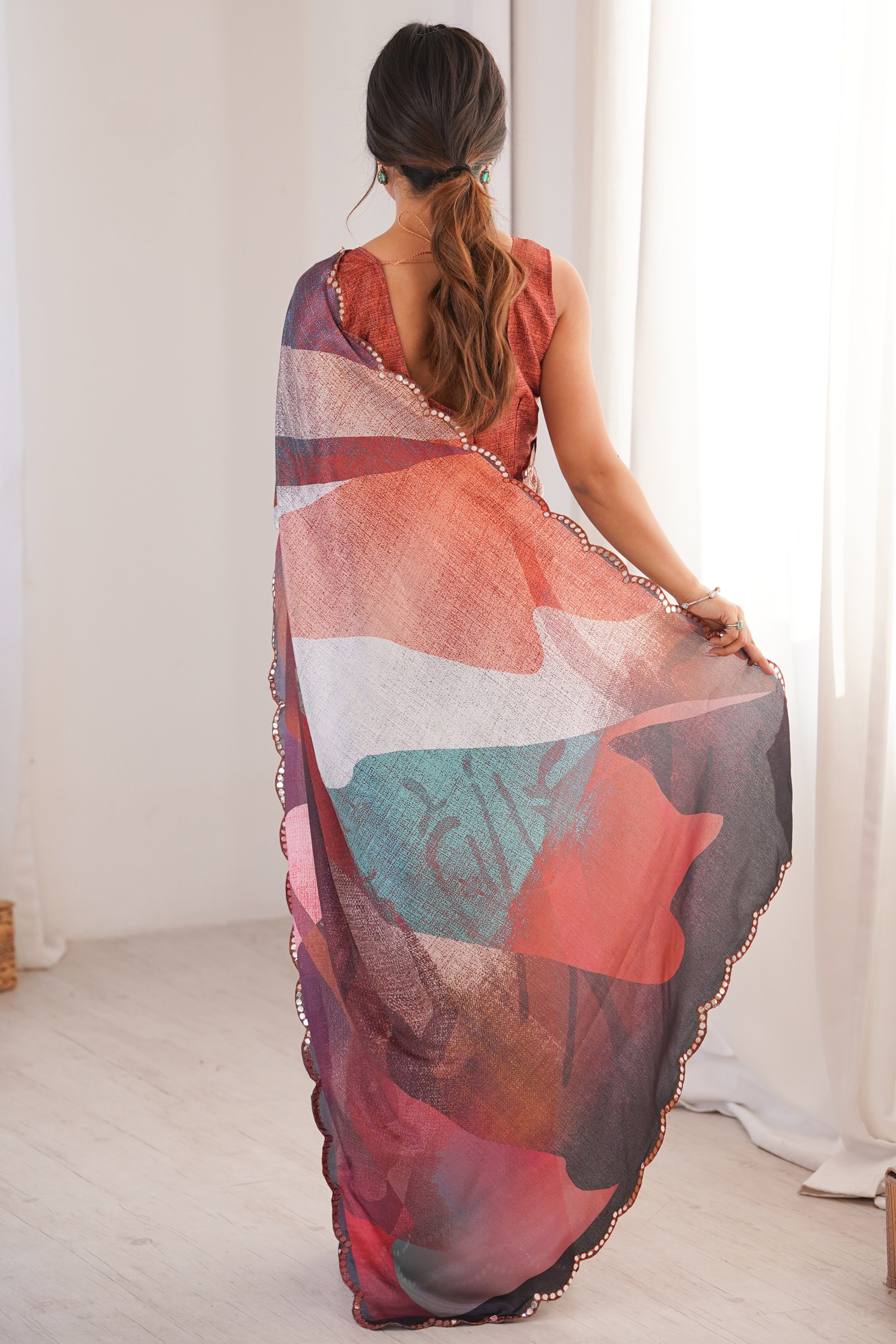 Vibrant Multicolor Digital Printed Chinon Saree Accented With Elegant Embroidered Border Work