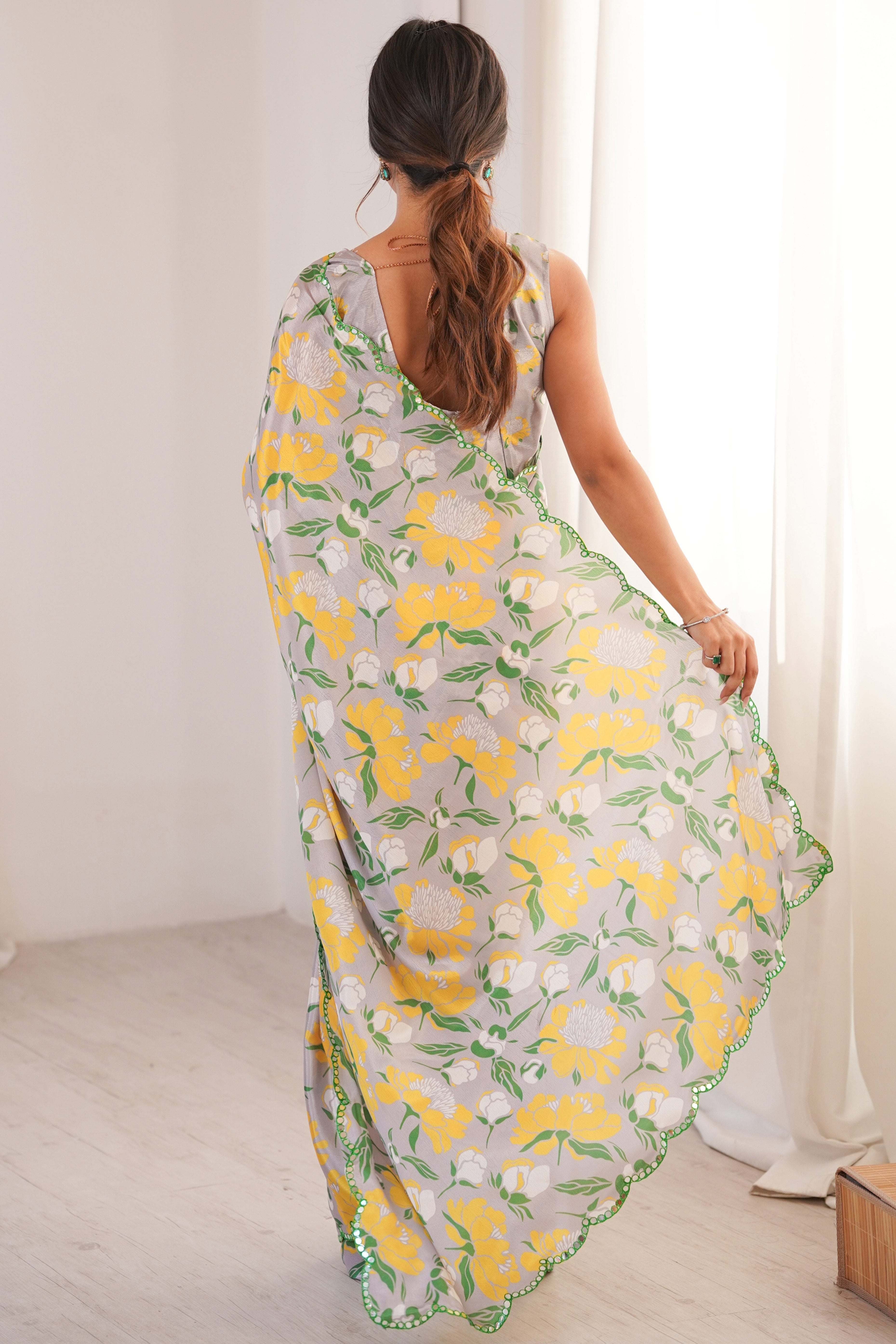 Luxury Grey Floral Digital Printed Chinon Saree Showcasing Elegant Embroidered Border Detailing