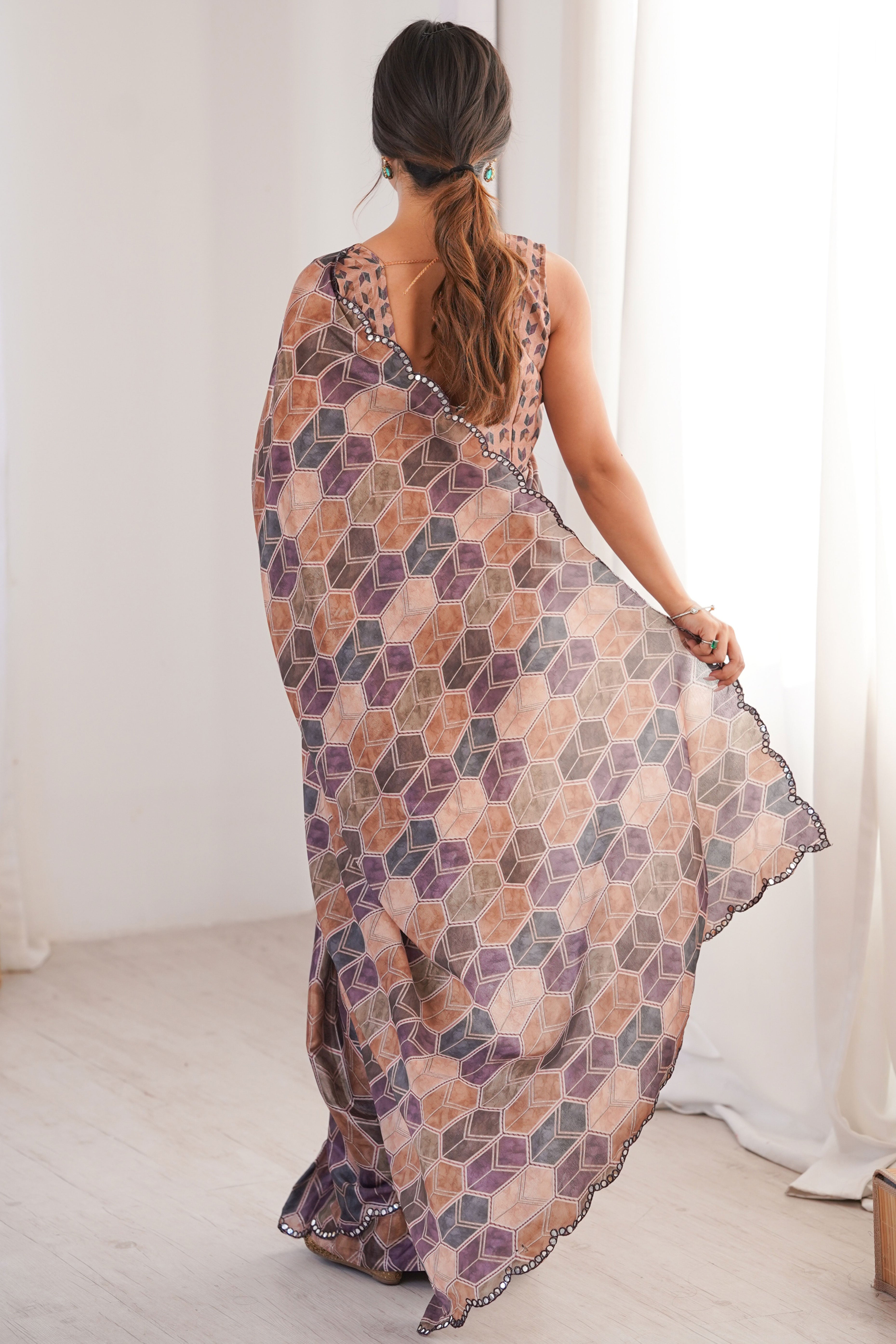 Vibrant Multicolor Geometric Digital Printed Chinon Saree Accented With Exquisite Embroidered Border