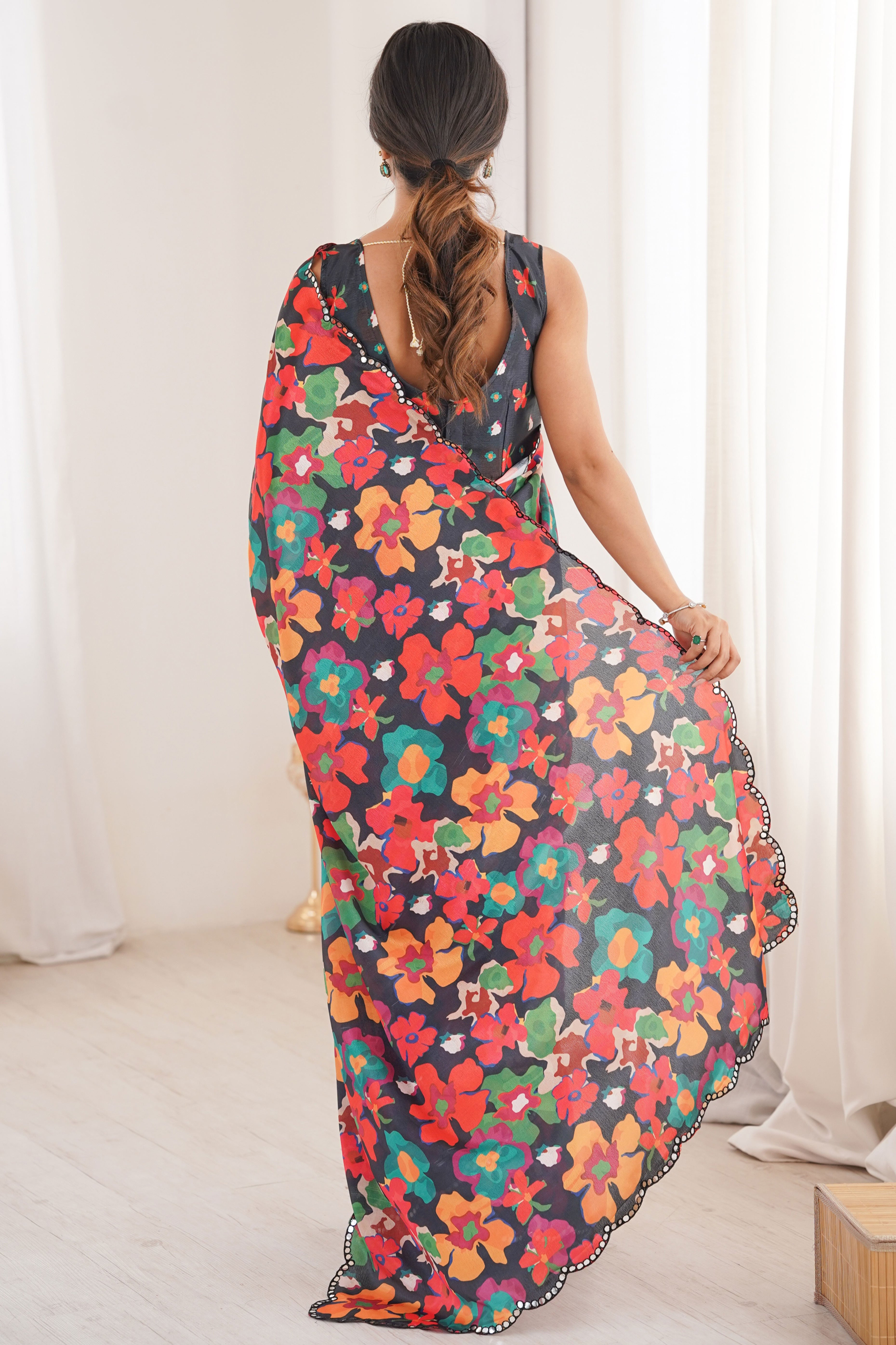 Contemporary Multicolor Floral Digital Printed Chinon Saree With Fine Embroidered Border