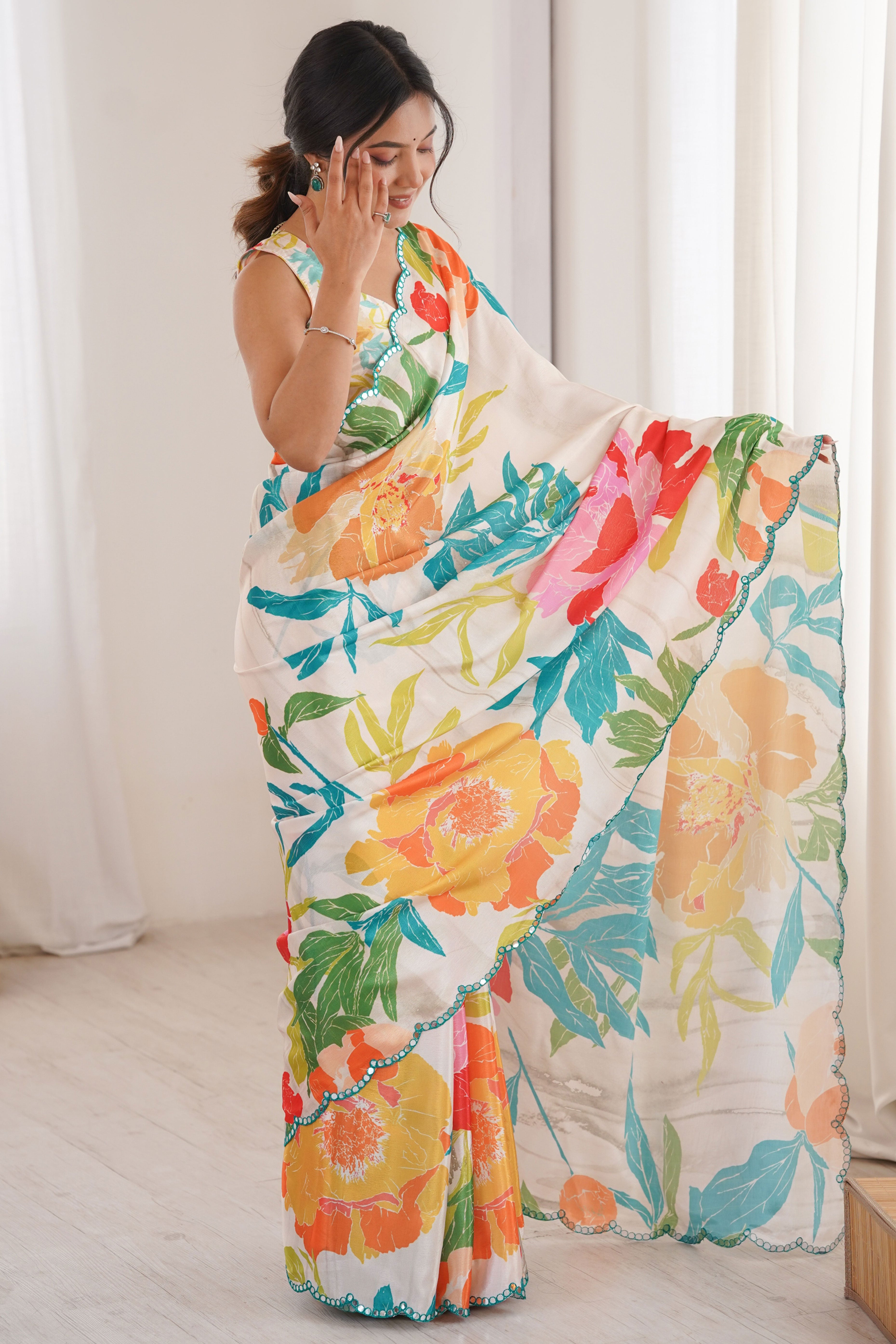 Chic Multicolor Floral Digital Printed Chinon Saree With Handcrafted Embroidered Border Elegance