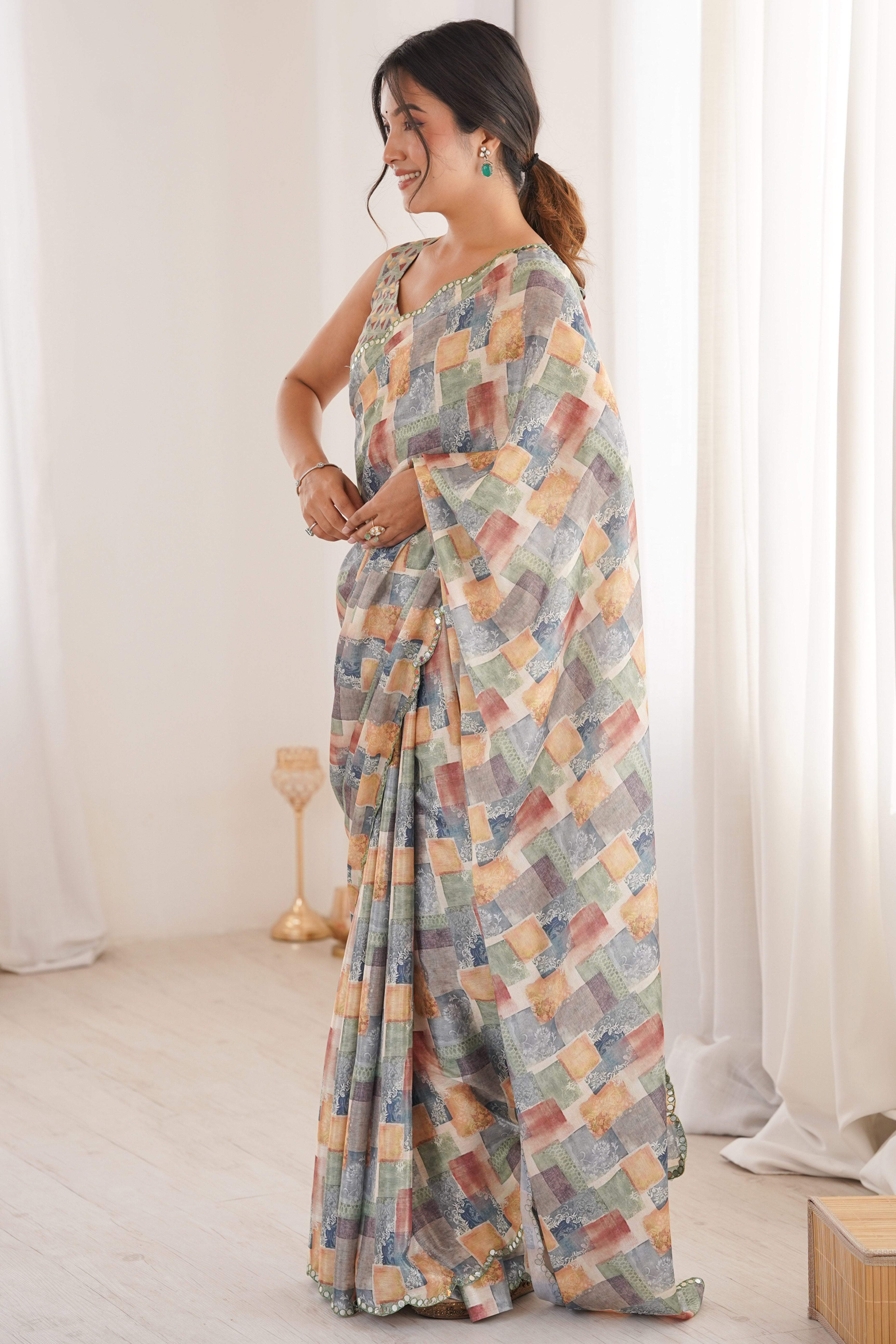 Exquisite Multicolor Geometric & Floral Digital Printed Chinon Saree With Elegant Embroidered Border
