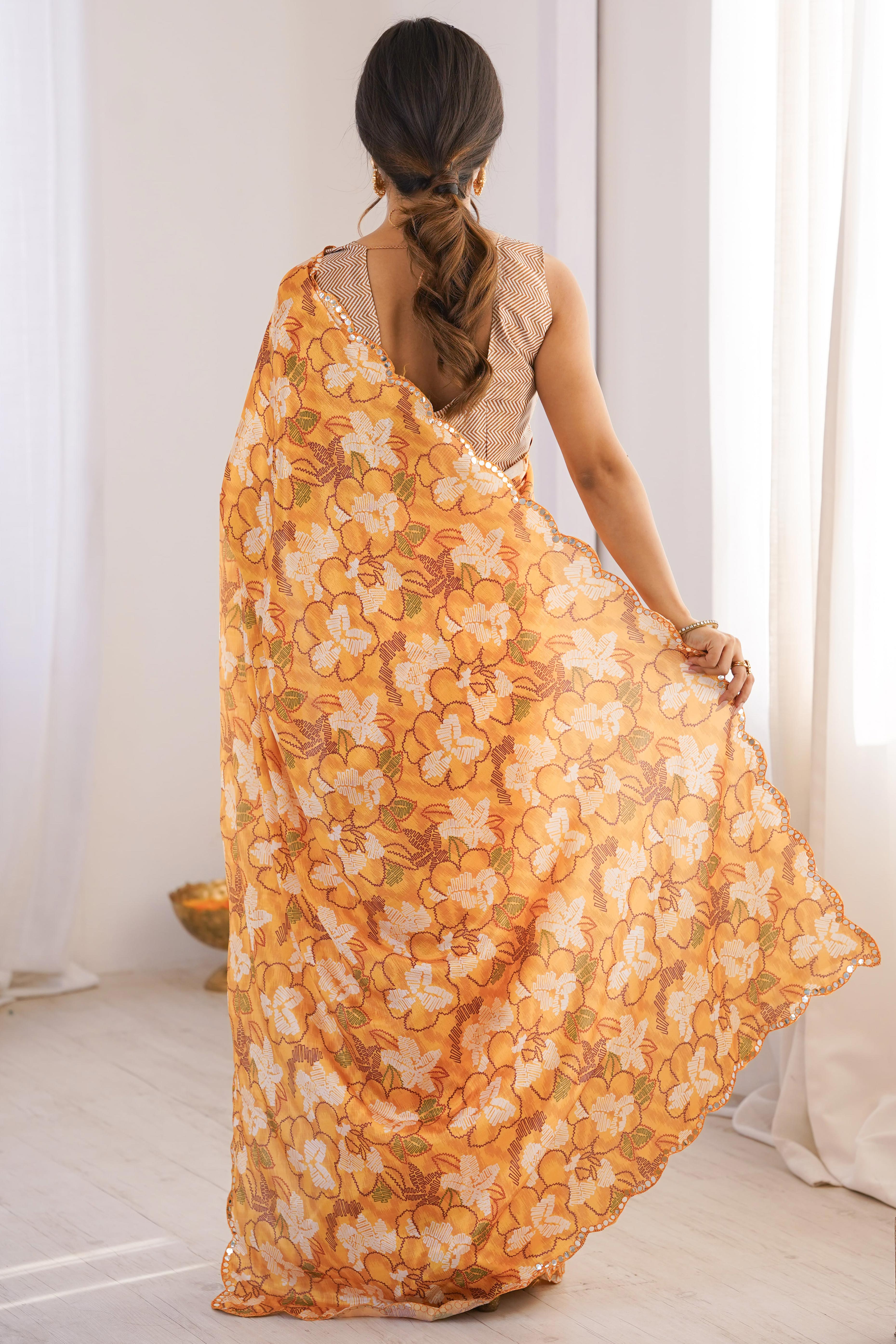 Refined Mustard Floral Digital Printed Chinon Saree Showcasing Artistic Embroidered Border