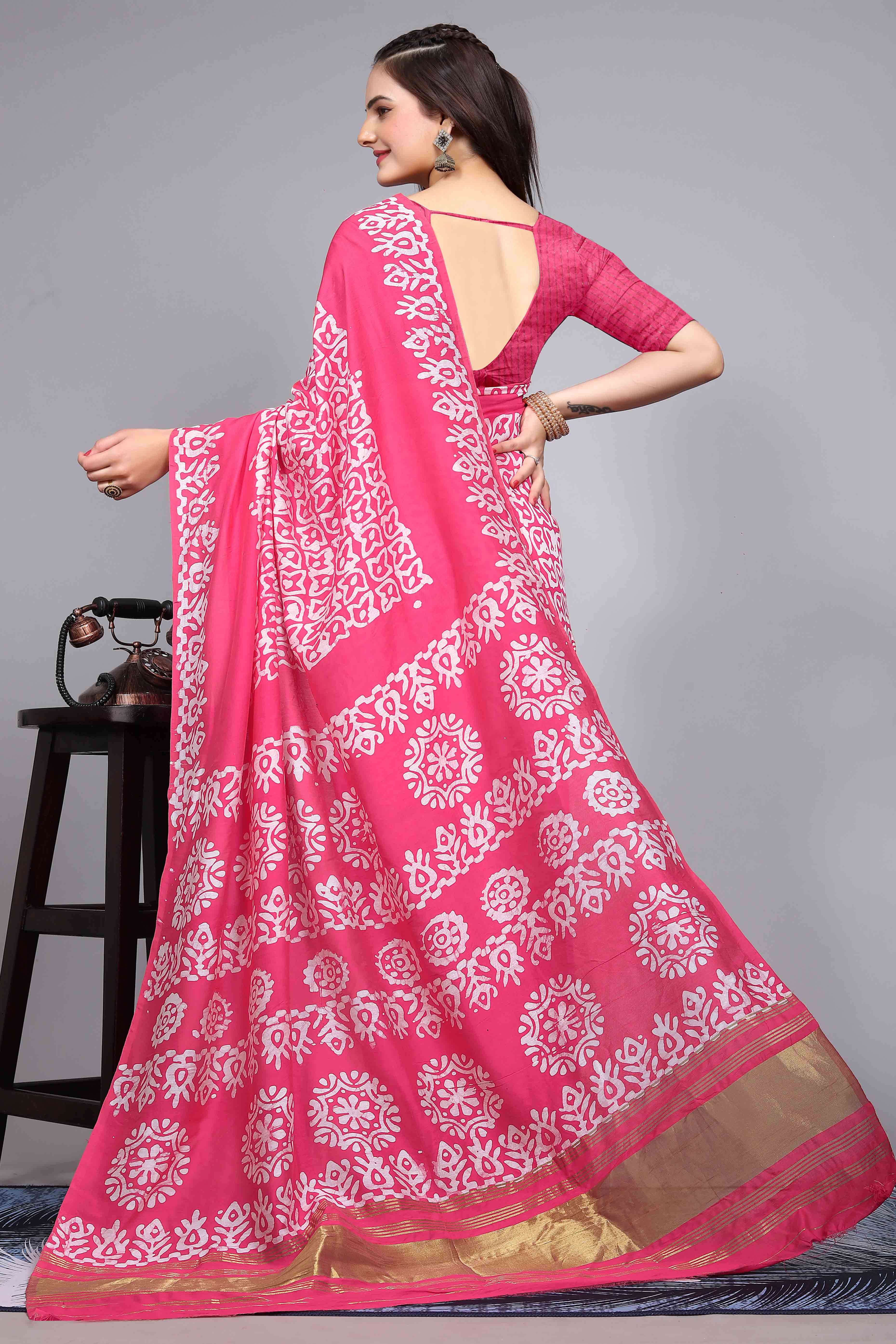 Pink Floral Printed Chanderi Cotton Silk Lagdi patta Saree