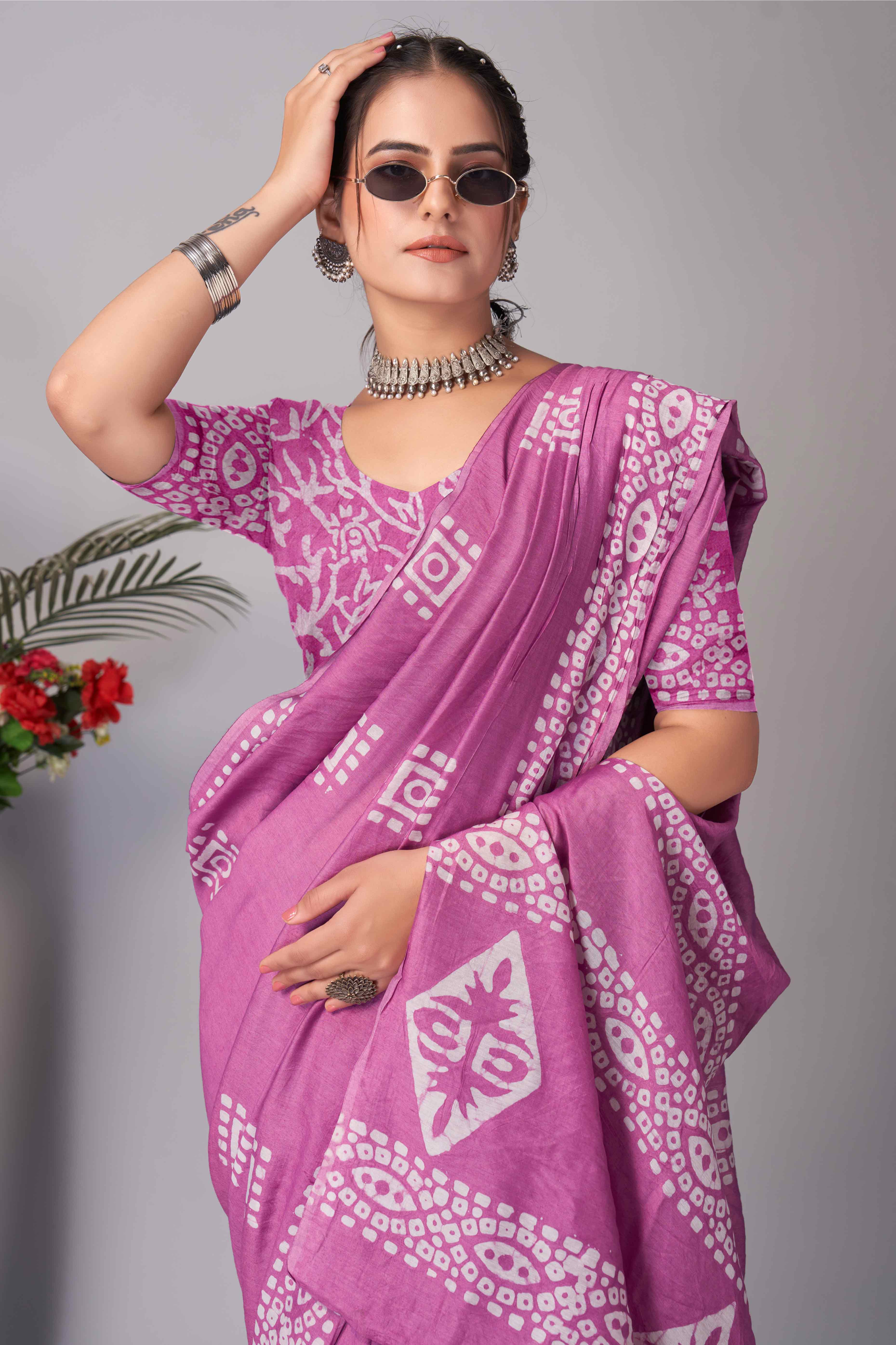 Pink Batik Printed Chanderi Cotton Silk Saree