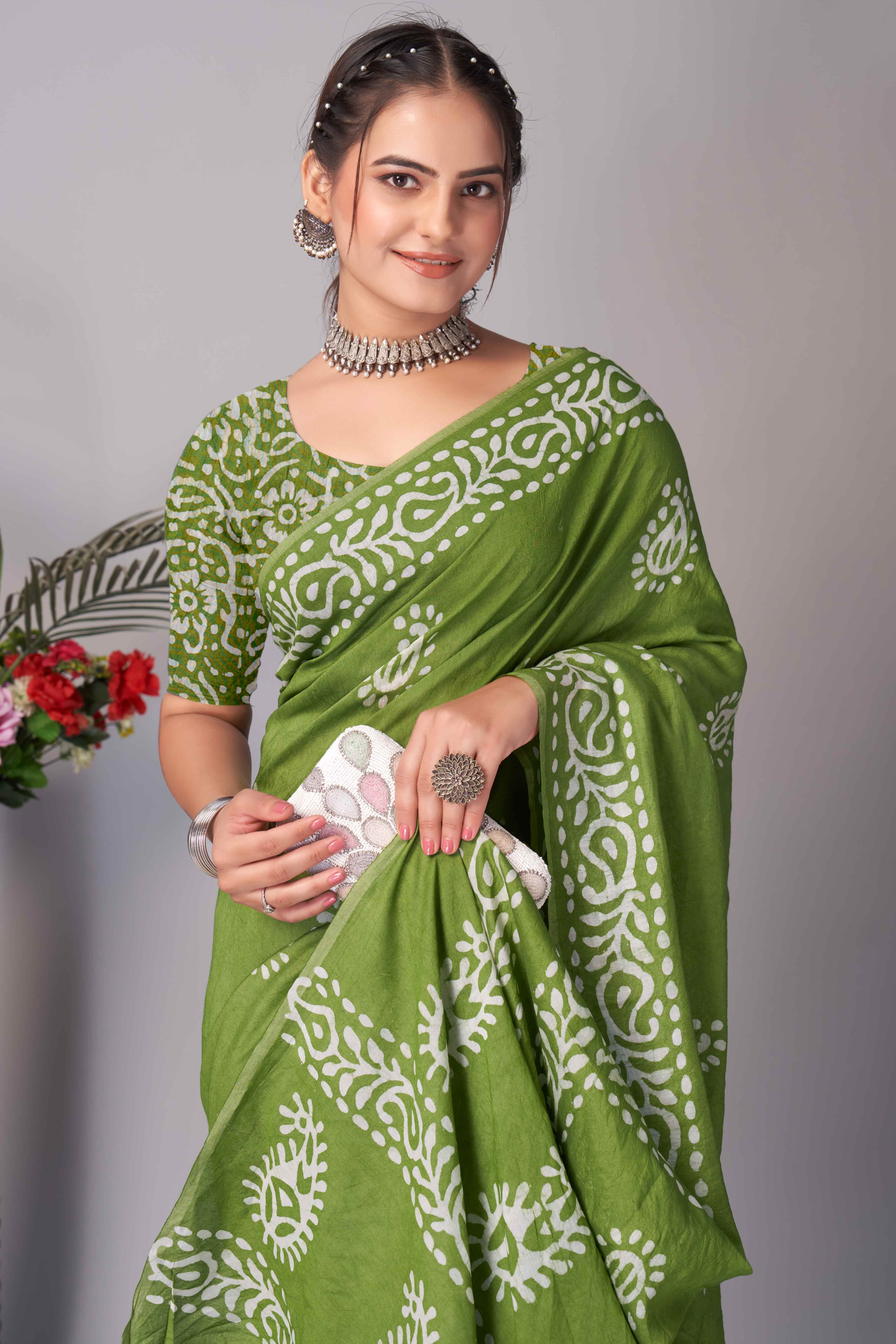 Parrot Green Batik Printed Chanderi Cotton Silk Saree