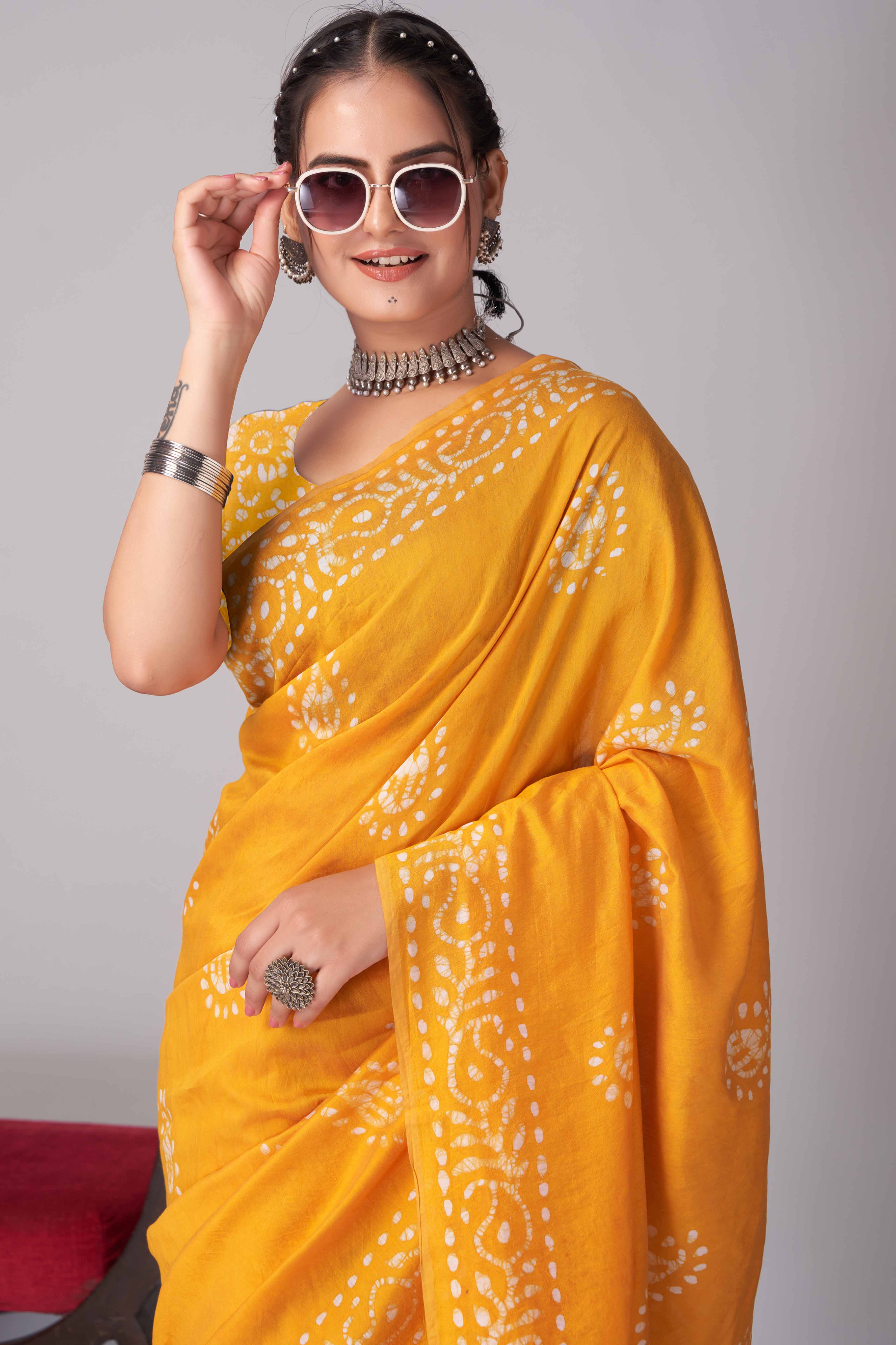 Yellow Batik Printed Chanderi Cotton Silk Saree