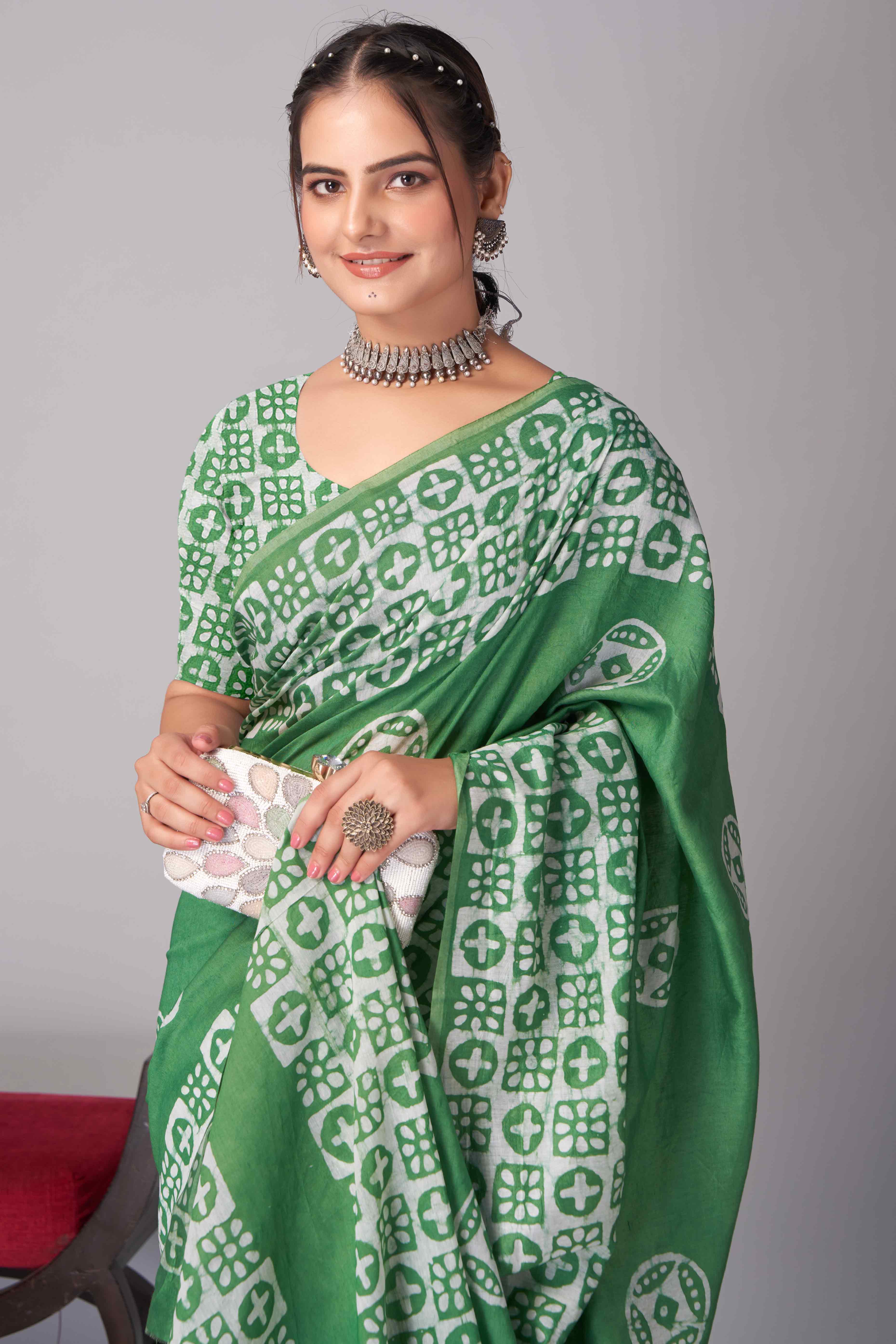 Green Batik Printed Chanderi Cotton Silk Saree