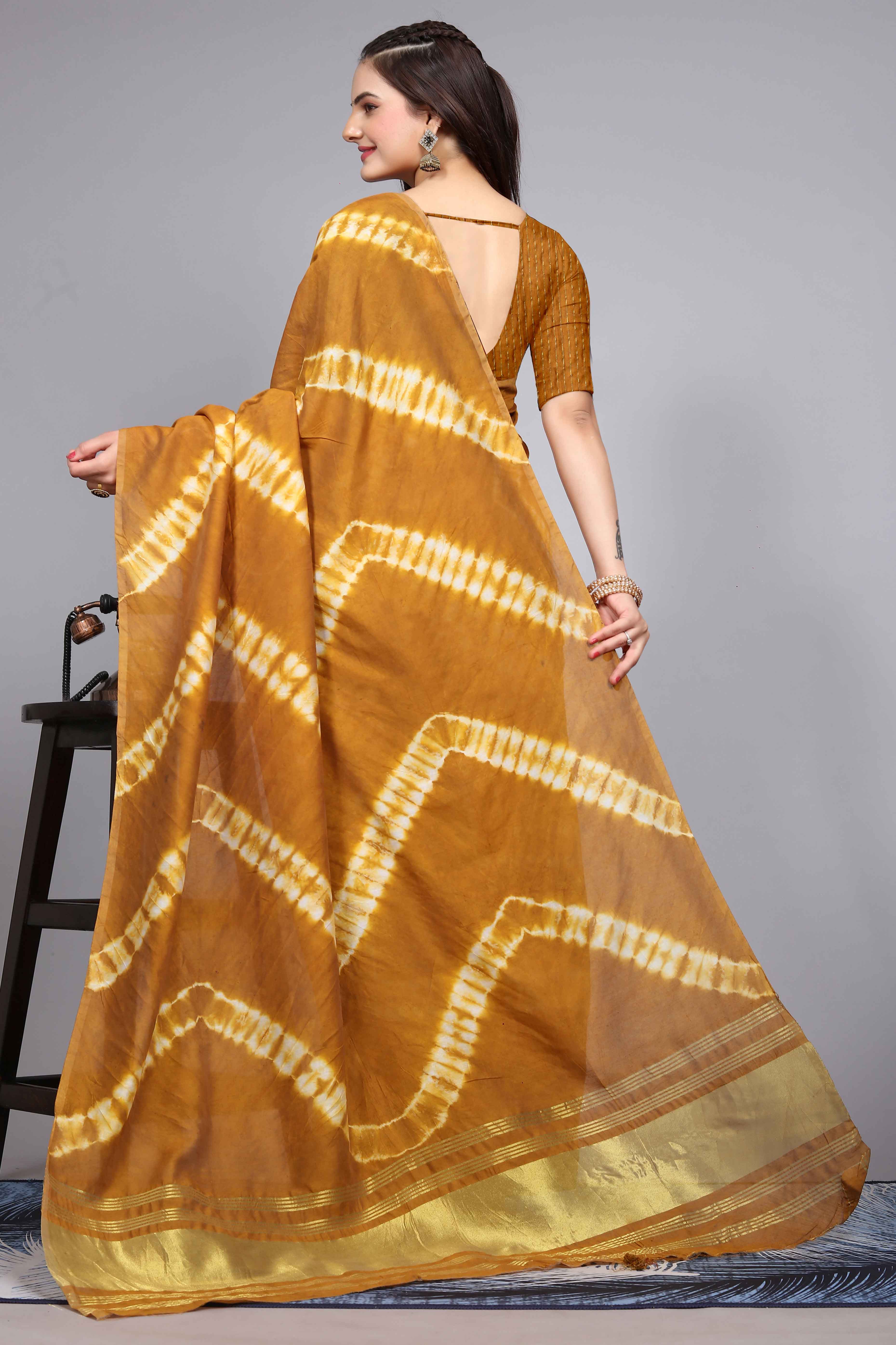 Mustard Shibori Leheriya Printed Chanderi Cotton Silk Lagdi Patta Saree
