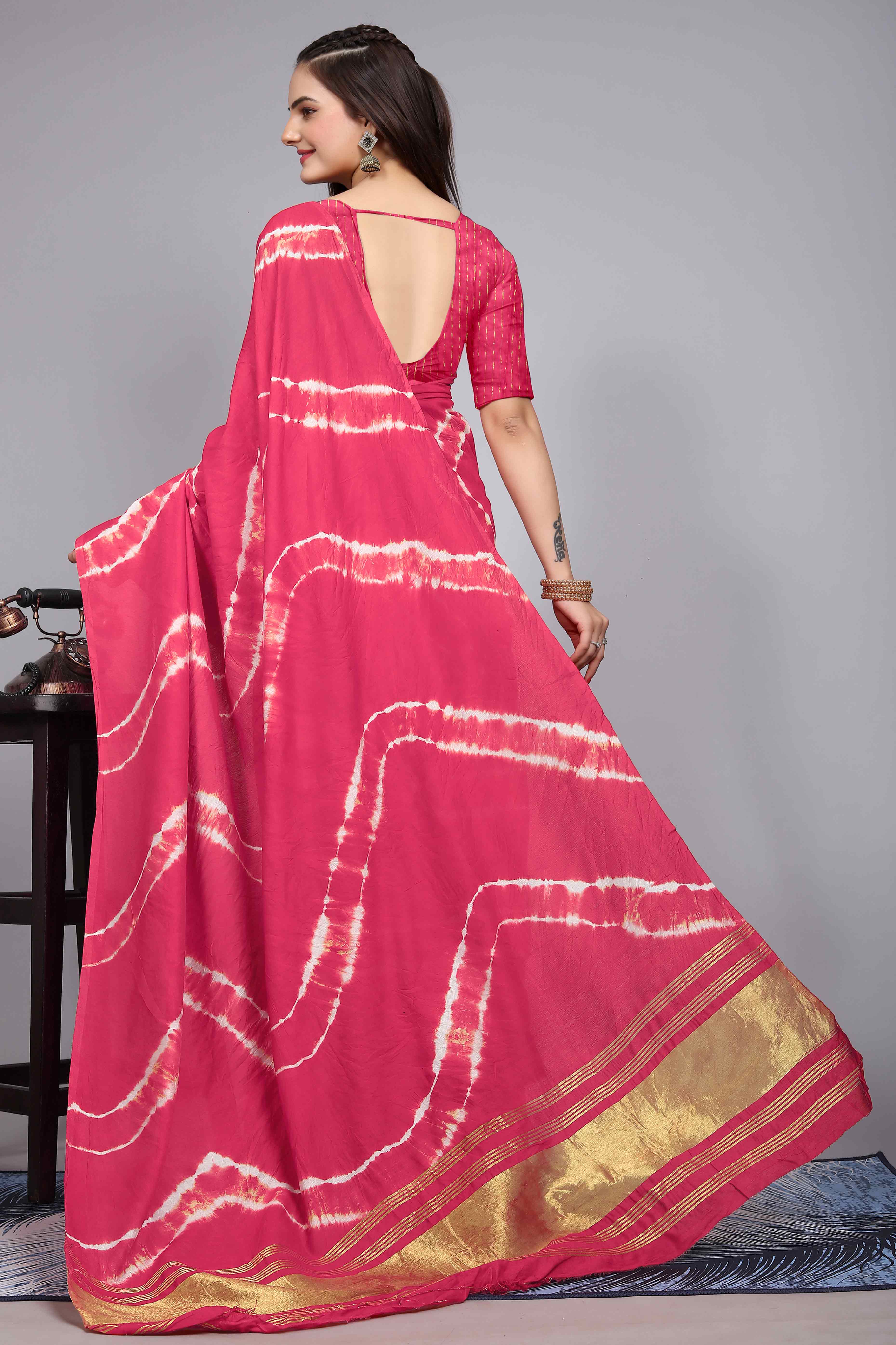 Pink Shibori Leheriya Printed Chanderi Cotton Silk Lagdi Patta Saree