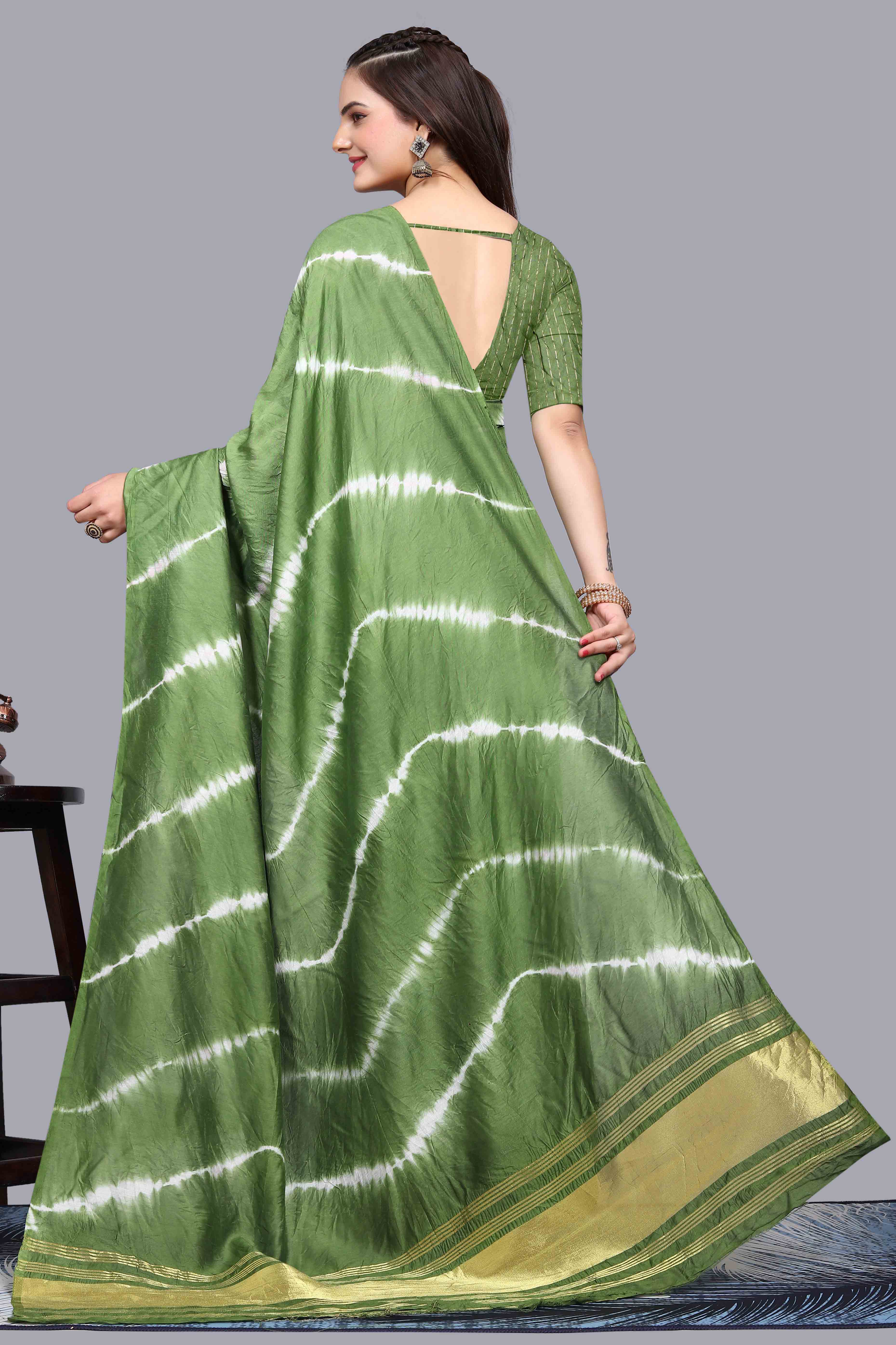 Green Leheriya Printed Chanderi Cotton Silk Lagdi Patta Saree