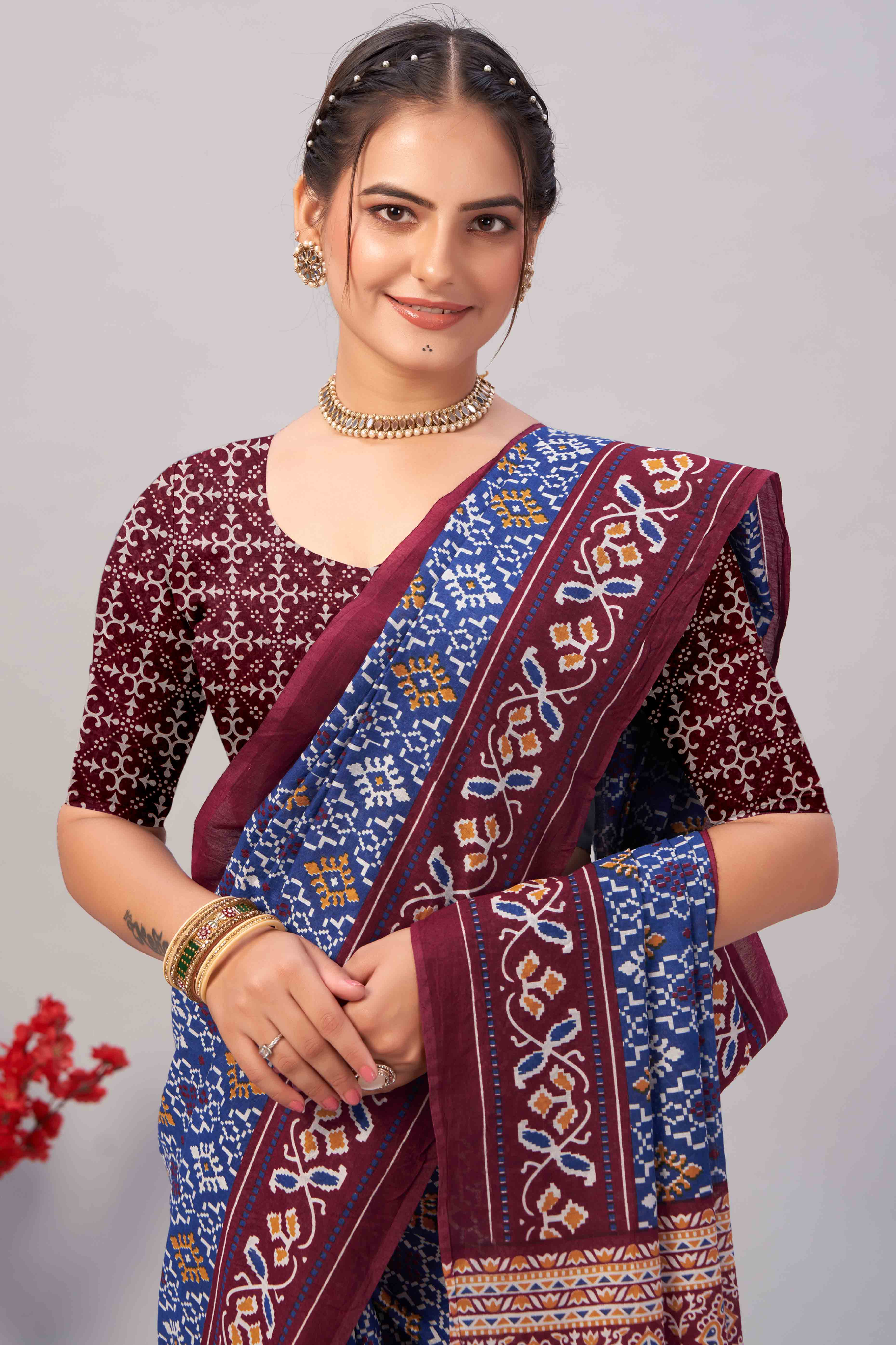 Blue Ajrakh Printed Cotton Blend Saree