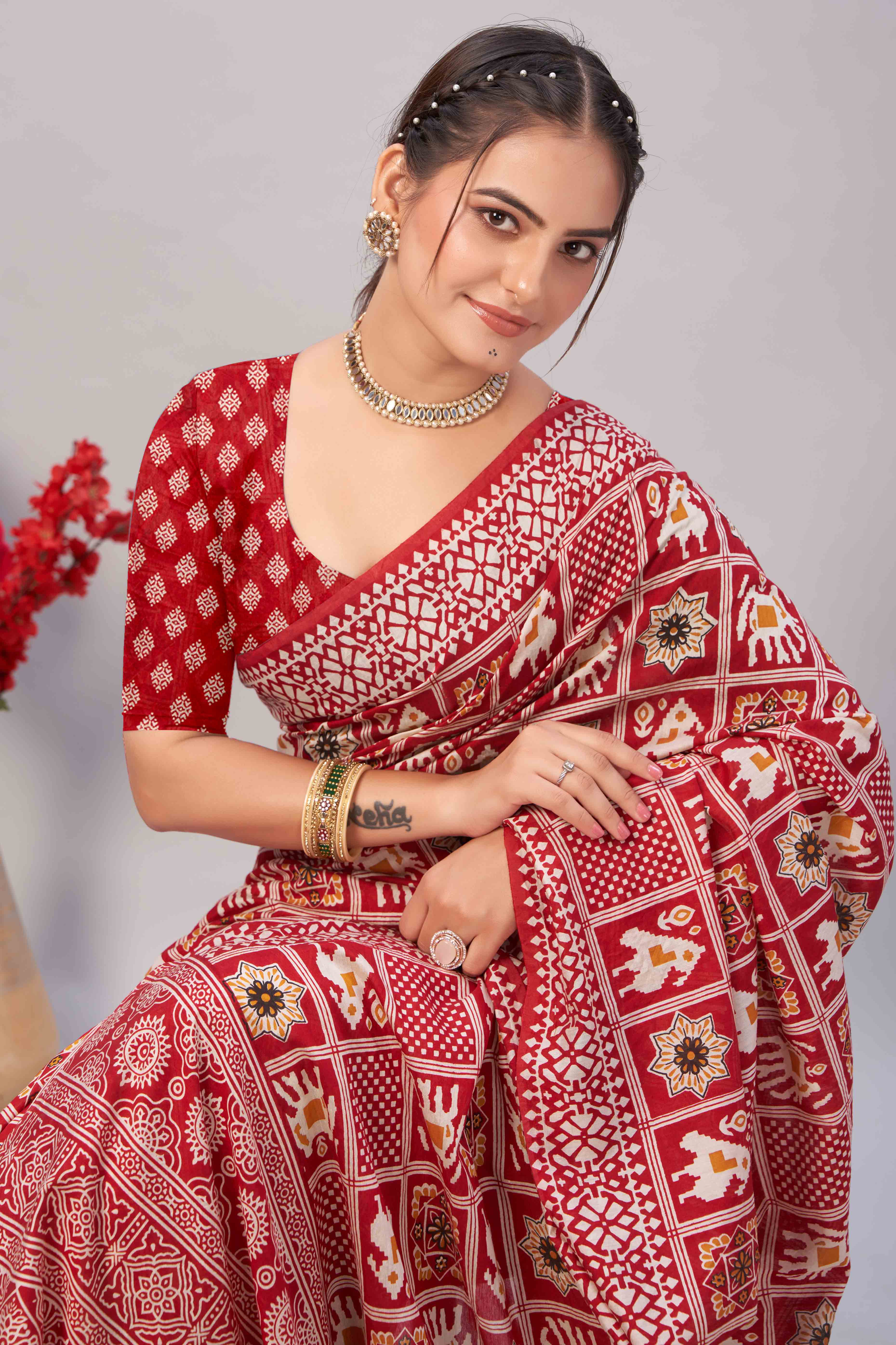 Red Ajrakh Printed Cotton Blend Saree