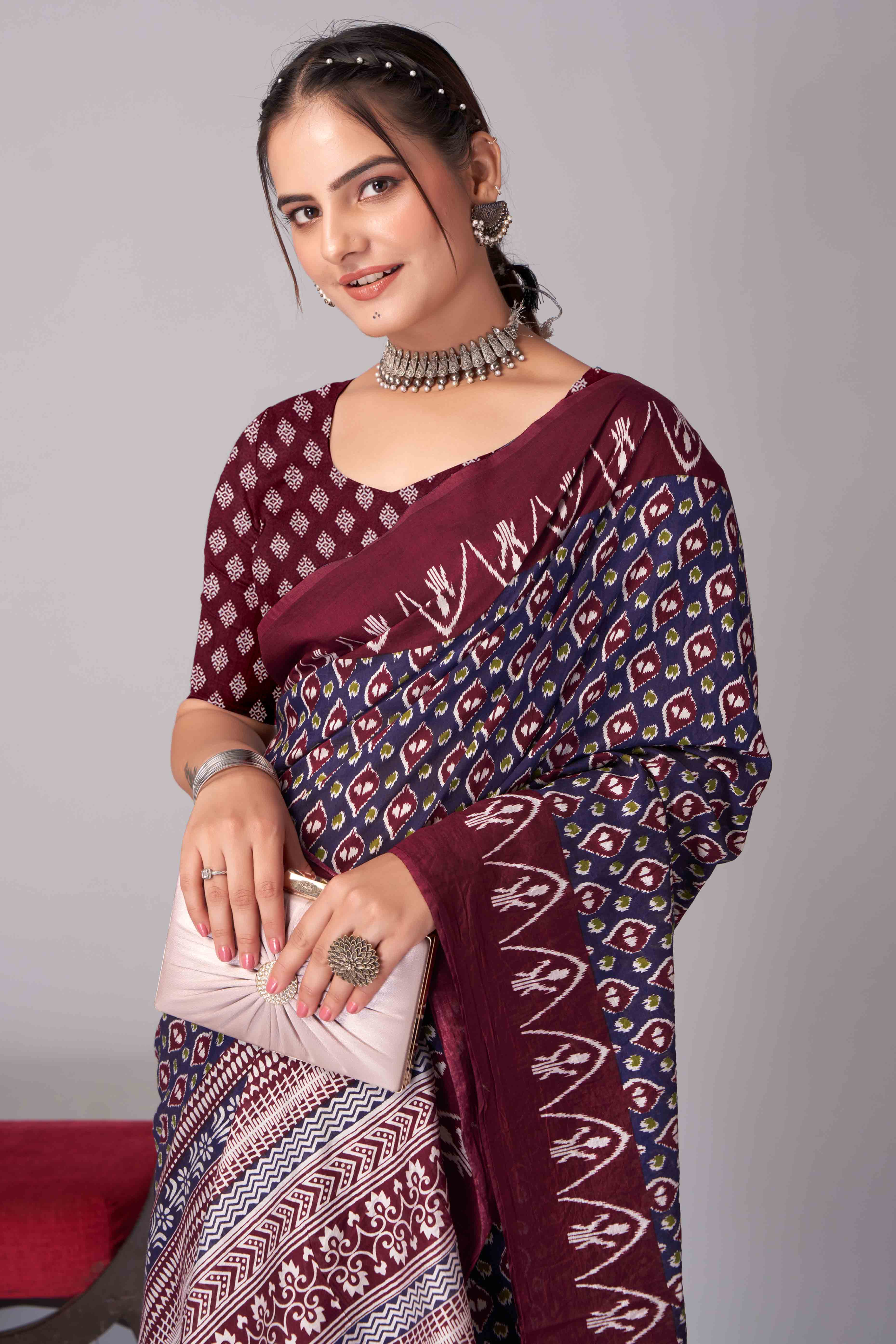 Blue & Maroon Ajrakh Printed Cotton Blend Saree