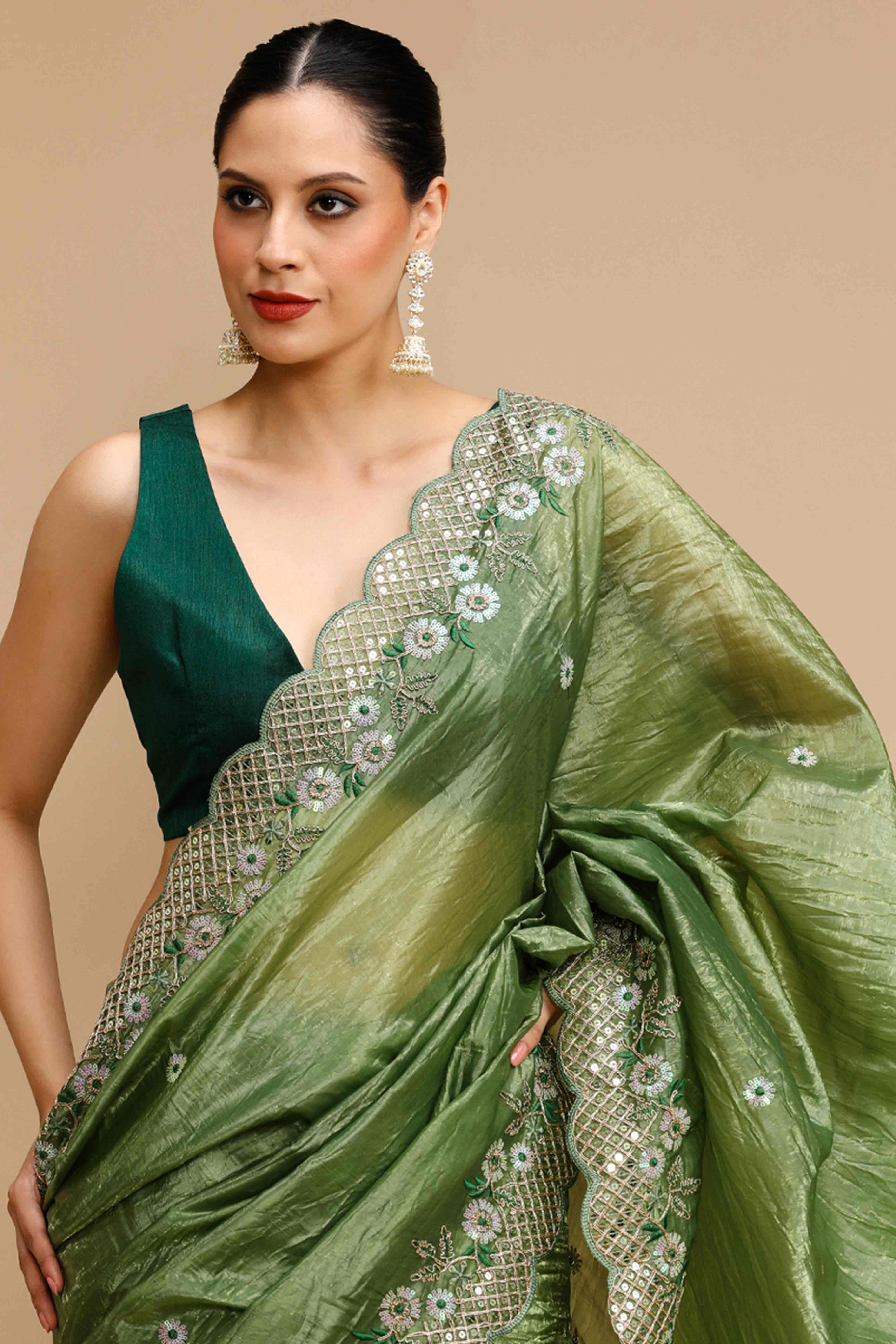 Forest Green Floral Design Art Silk Saree with Glittering Sequins Embroidery