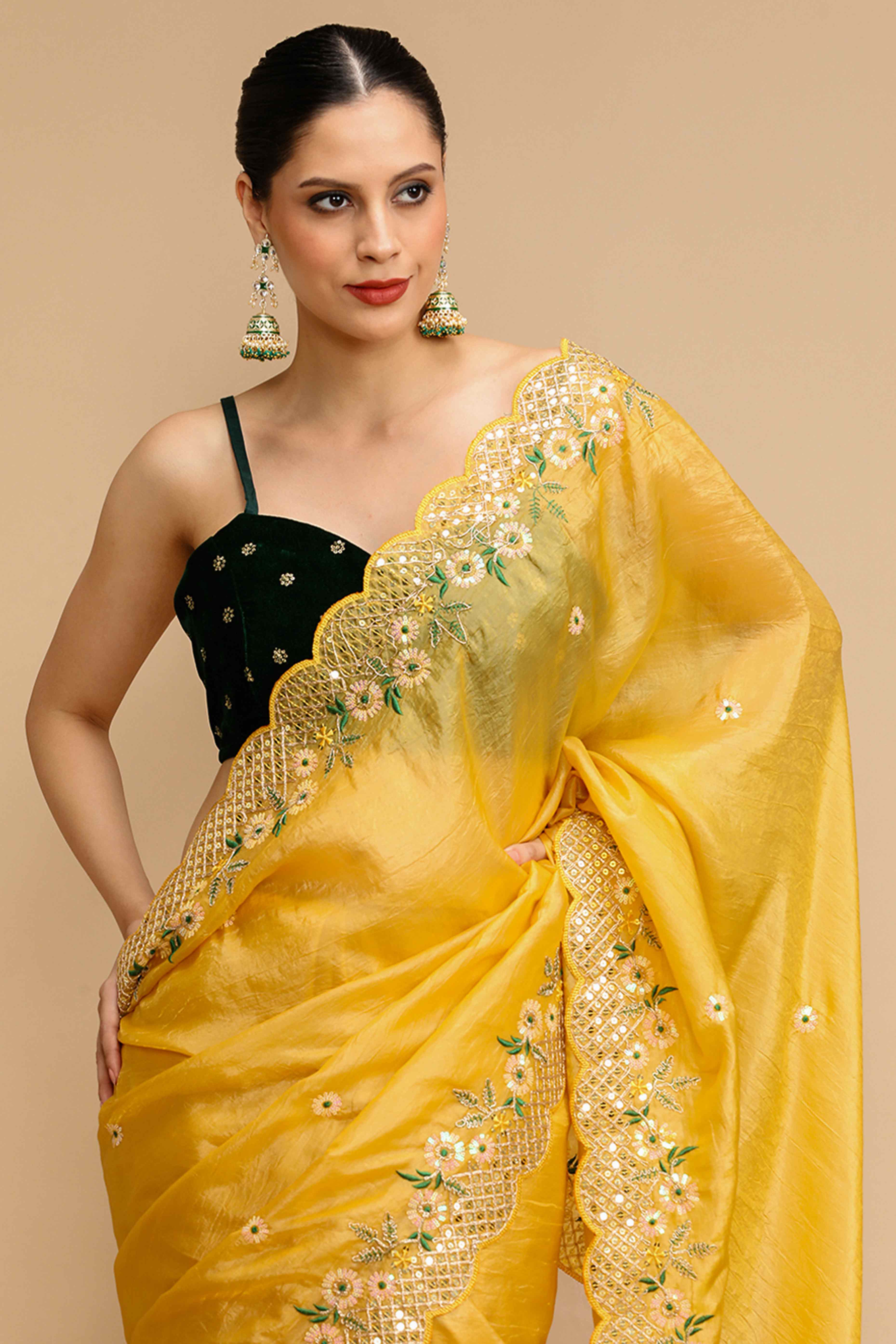Mustard Floral Design Art Silk Saree with Glittering Sequins Embroidery