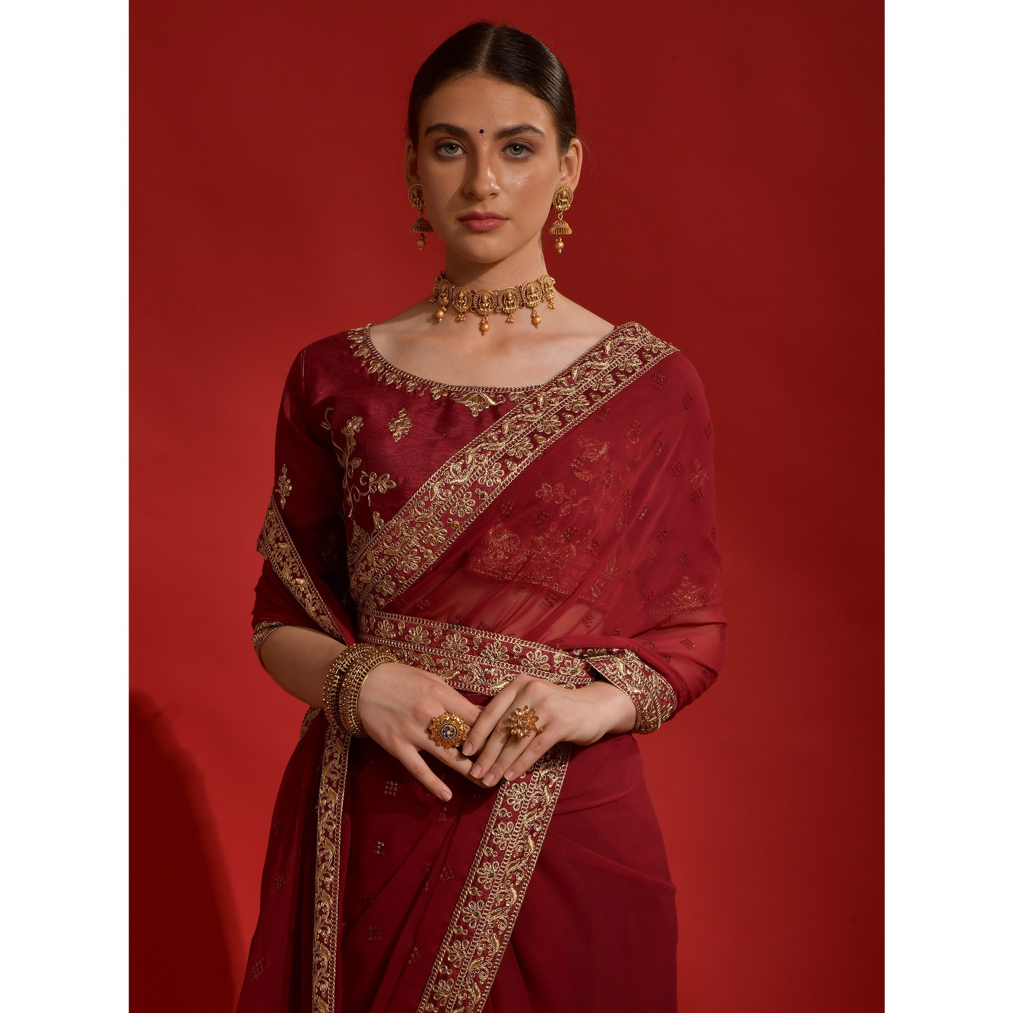 Maroon Sequins Embroidered Georgette Saree