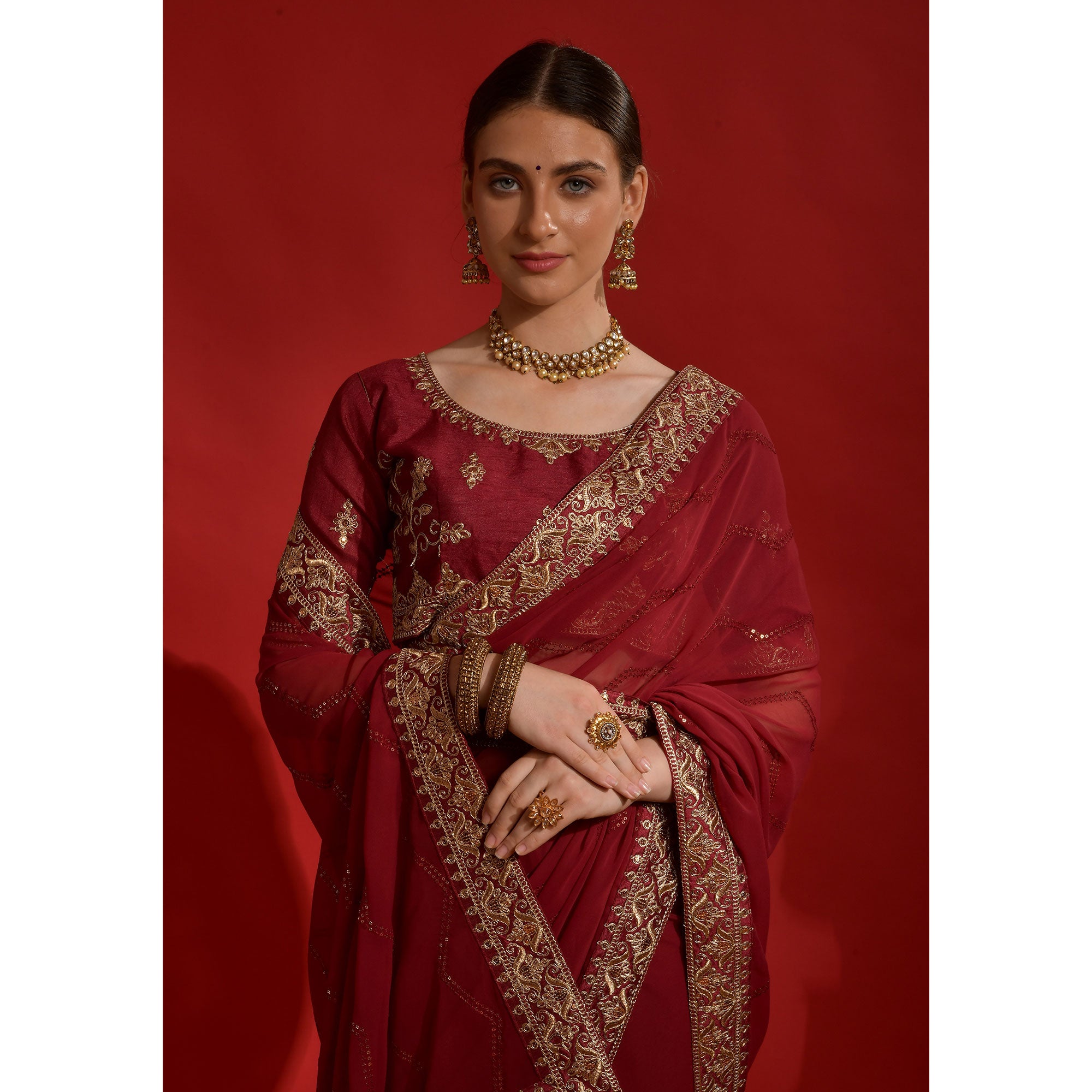 Maroon Sequins Embroidered Georgette Saree