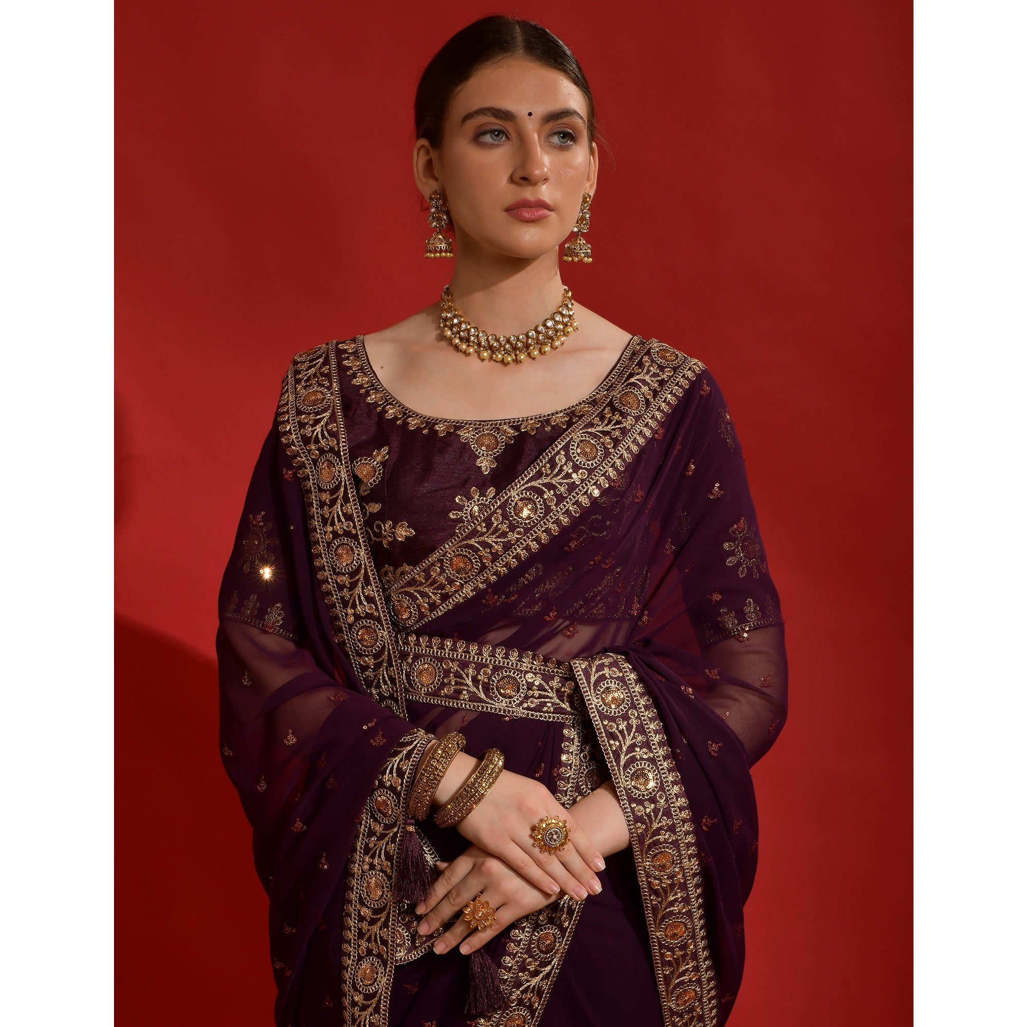 Wine Sequins Embroidered Georgette Saree